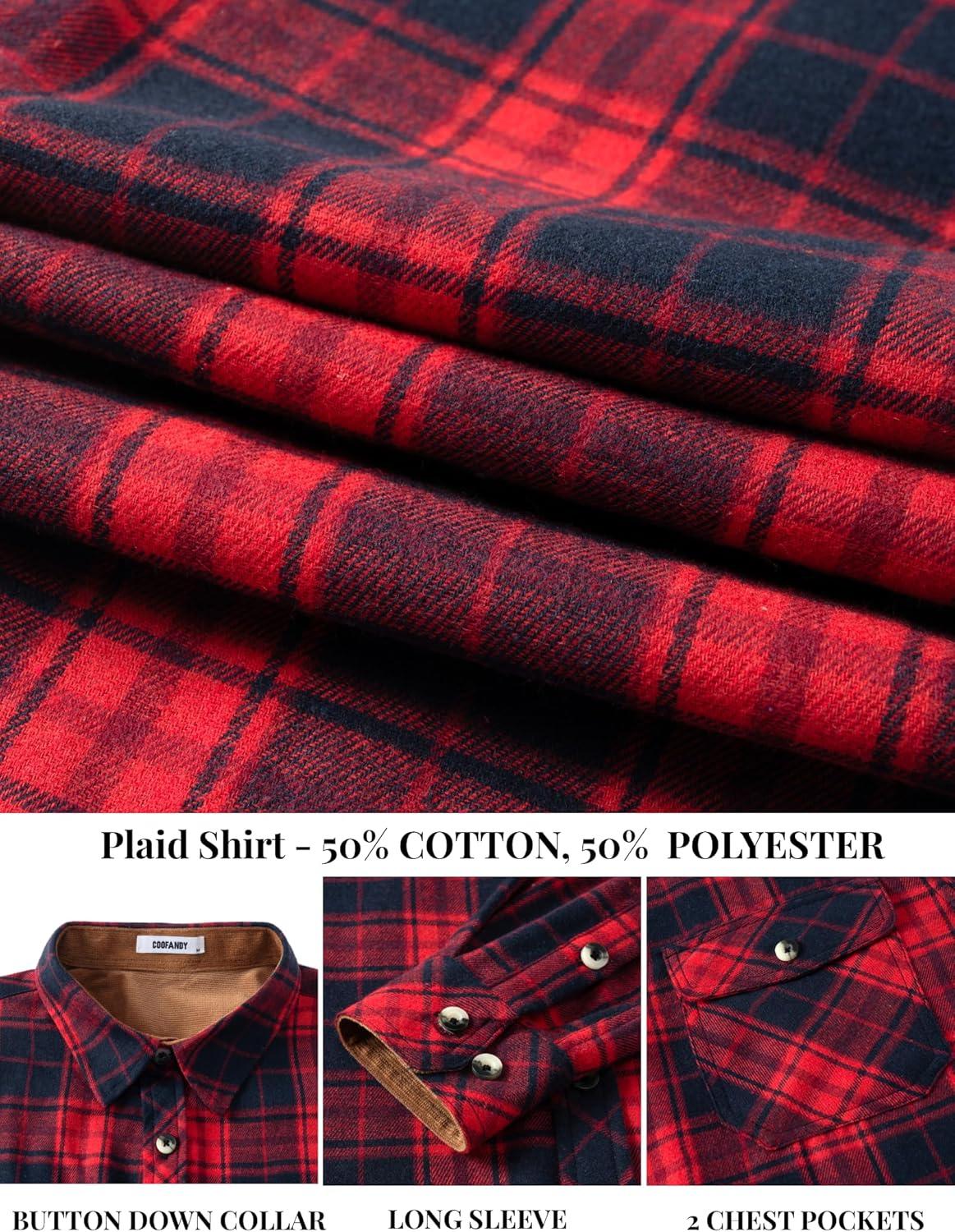 imageCOOFANDY Mens Fall Plaid Button Down Shirt Long Sleeve Casual Cowboy Work Shirts Lightweight Flannel Shirts Two PocketPlaidred