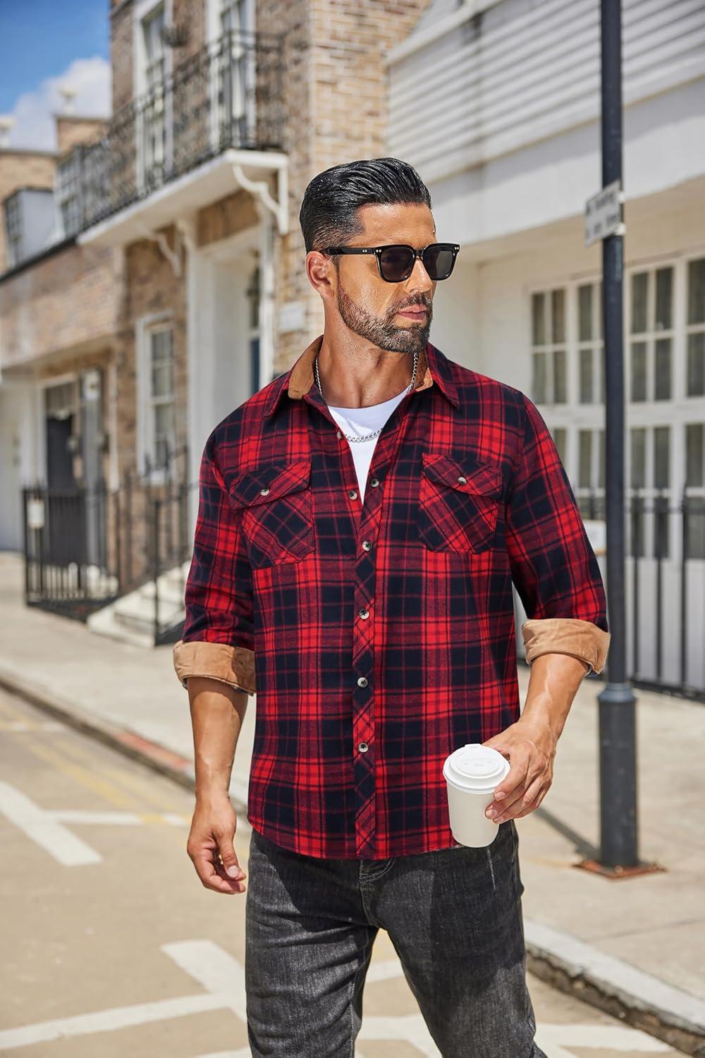 imageCOOFANDY Mens Fall Plaid Button Down Shirt Long Sleeve Casual Cowboy Work Shirts Lightweight Flannel Shirts Two PocketPlaidred