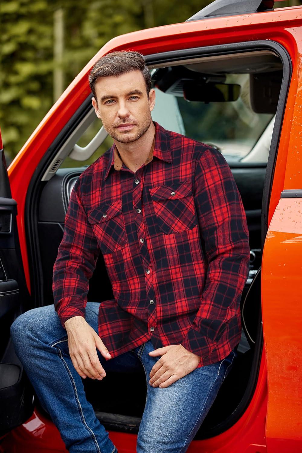 imageCOOFANDY Mens Fall Plaid Button Down Shirt Long Sleeve Casual Cowboy Work Shirts Lightweight Flannel Shirts Two PocketPlaidred