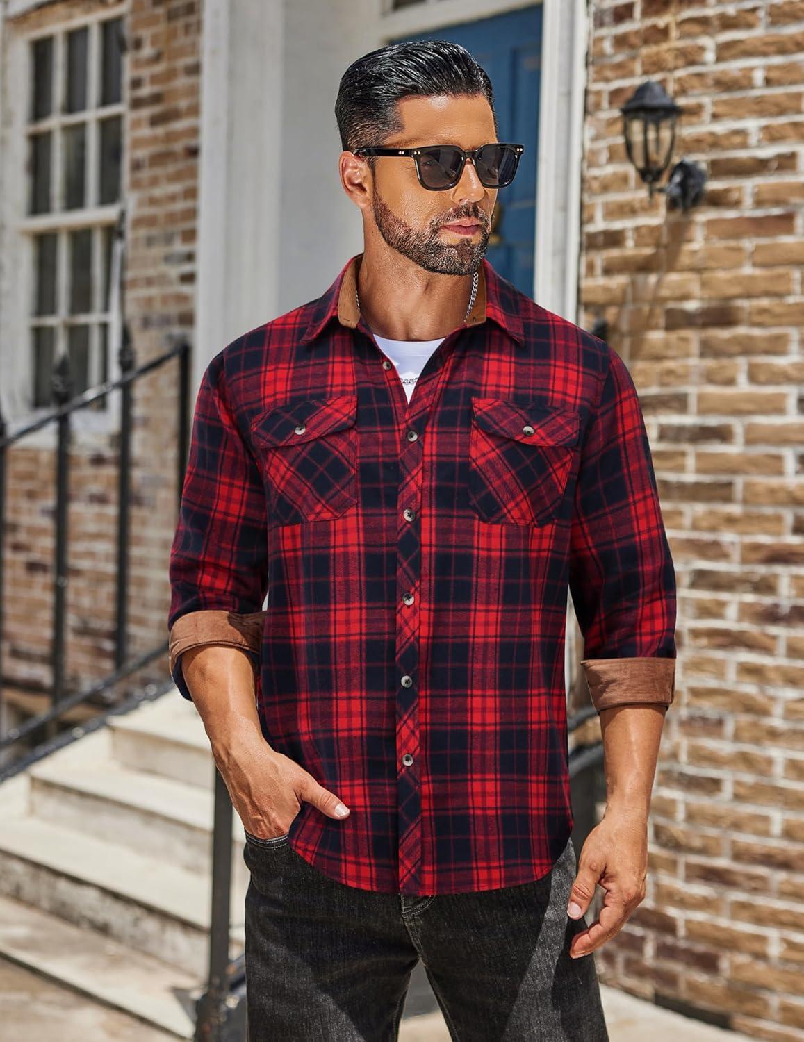 imageCOOFANDY Mens Fall Plaid Button Down Shirt Long Sleeve Casual Cowboy Work Shirts Lightweight Flannel Shirts Two PocketPlaidred