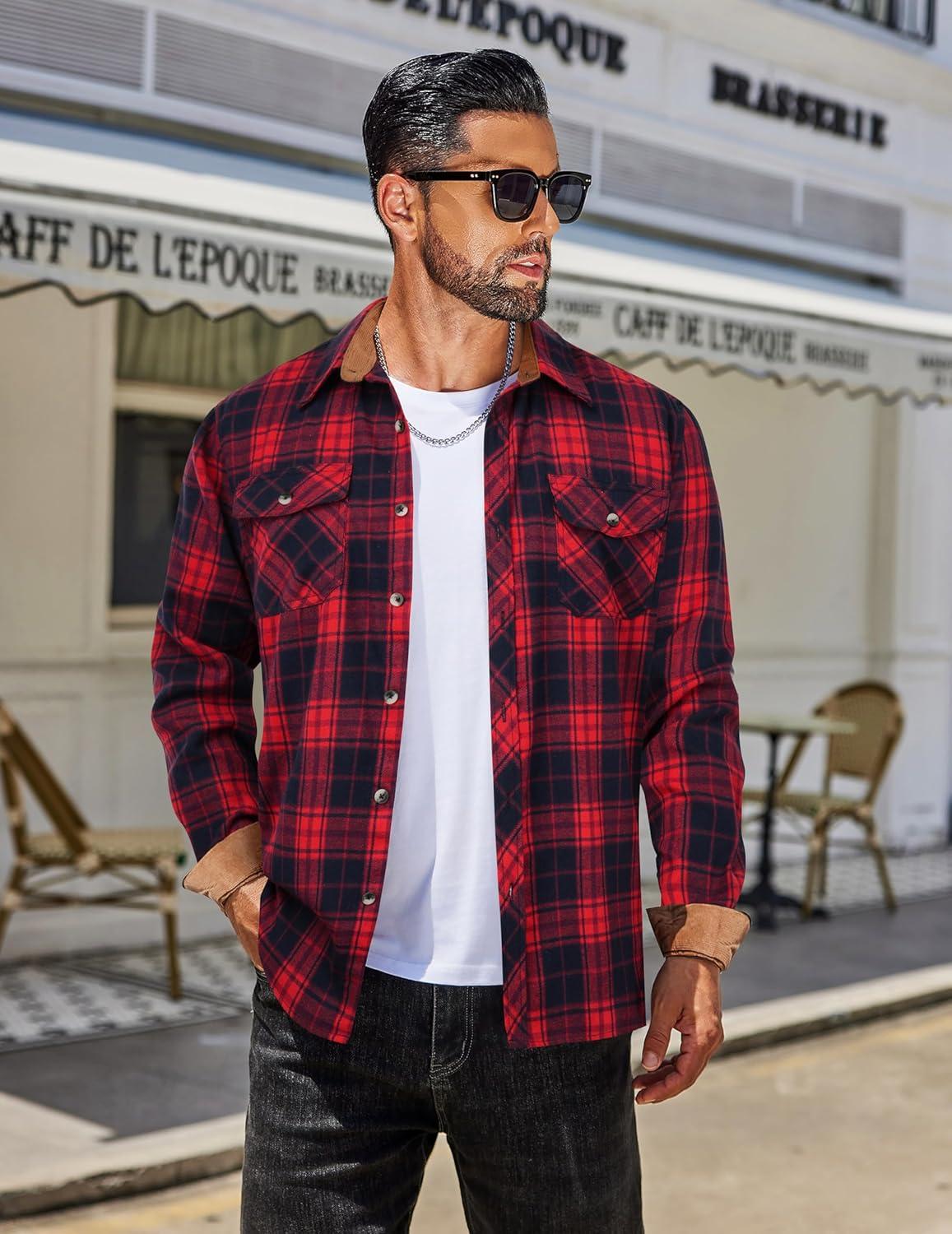 imageCOOFANDY Mens Fall Plaid Button Down Shirt Long Sleeve Casual Cowboy Work Shirts Lightweight Flannel Shirts Two PocketPlaidred