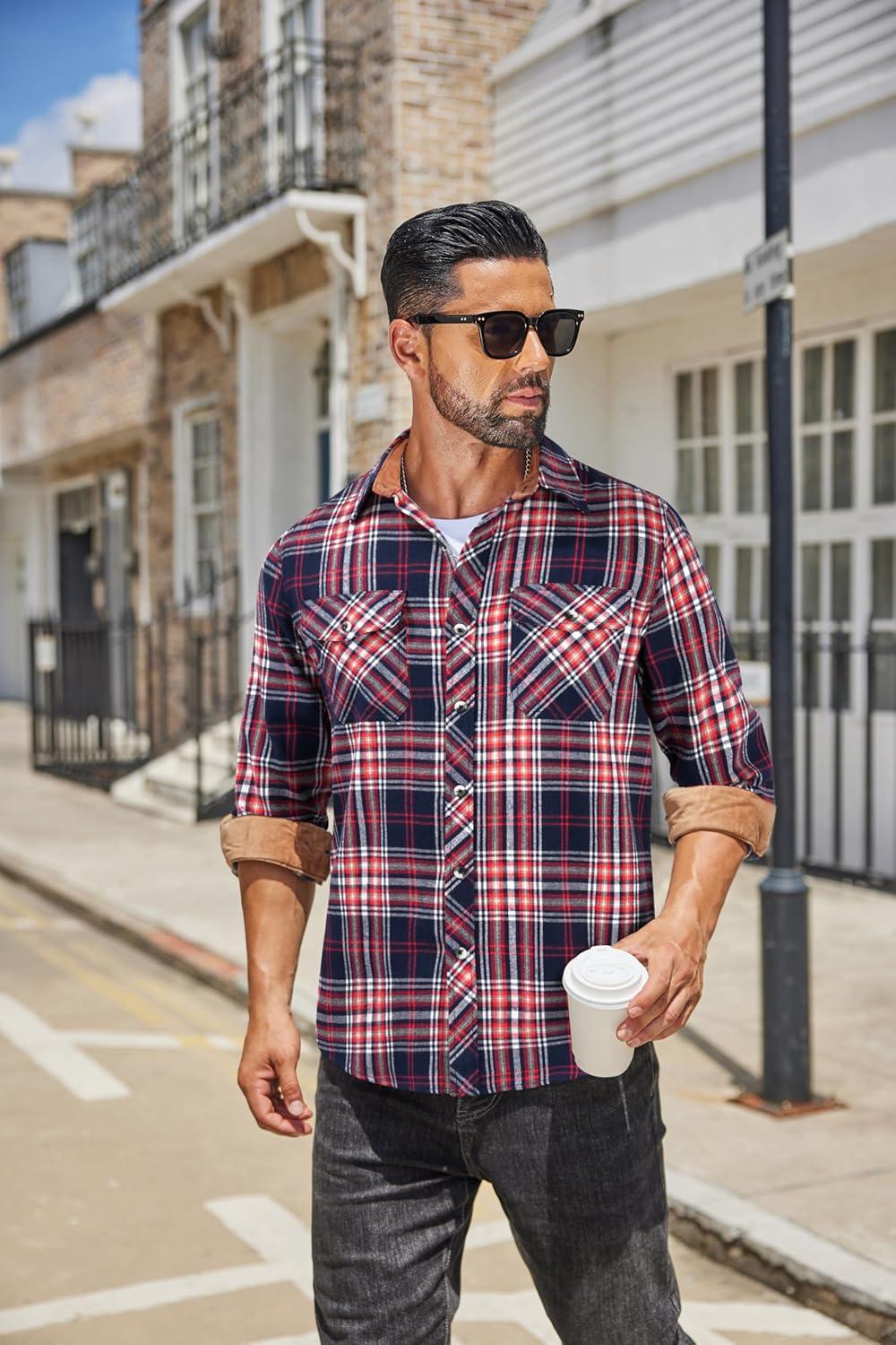 imageCOOFANDY Mens Fall Plaid Button Down Shirt Long Sleeve Casual Cowboy Work Shirts Lightweight Flannel Shirts Two PocketPlaidred Navy White