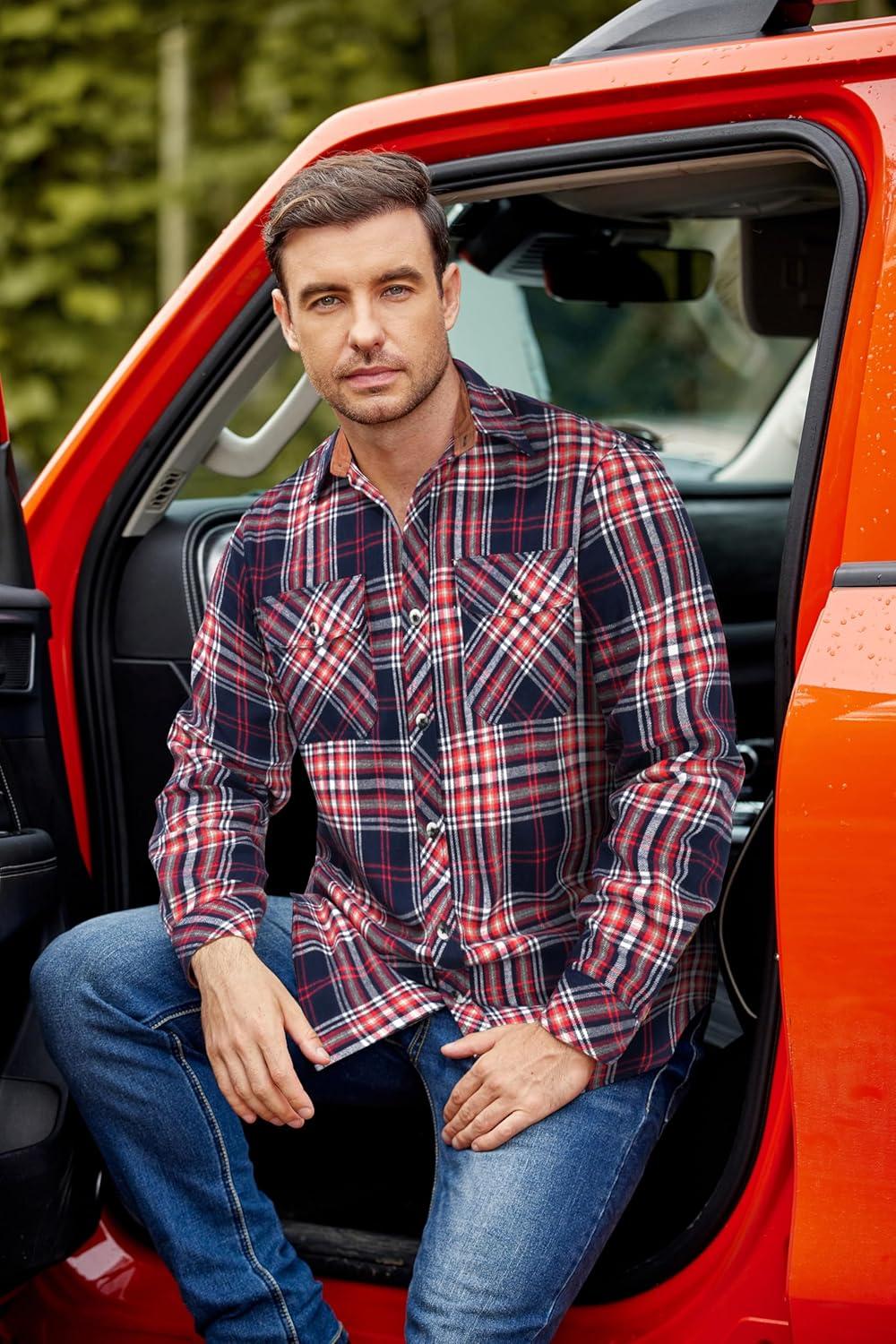 imageCOOFANDY Mens Fall Plaid Button Down Shirt Long Sleeve Casual Cowboy Work Shirts Lightweight Flannel Shirts Two PocketPlaidred Navy White