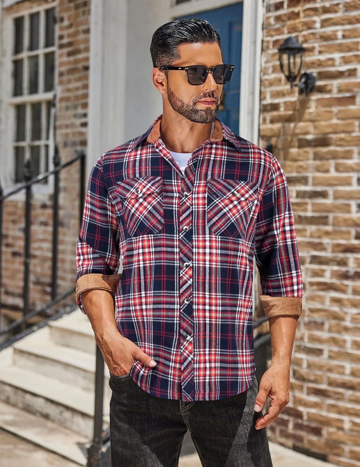 imageCOOFANDY Mens Fall Plaid Button Down Shirt Long Sleeve Casual Cowboy Work Shirts Lightweight Flannel Shirts Two PocketPlaidred Navy White