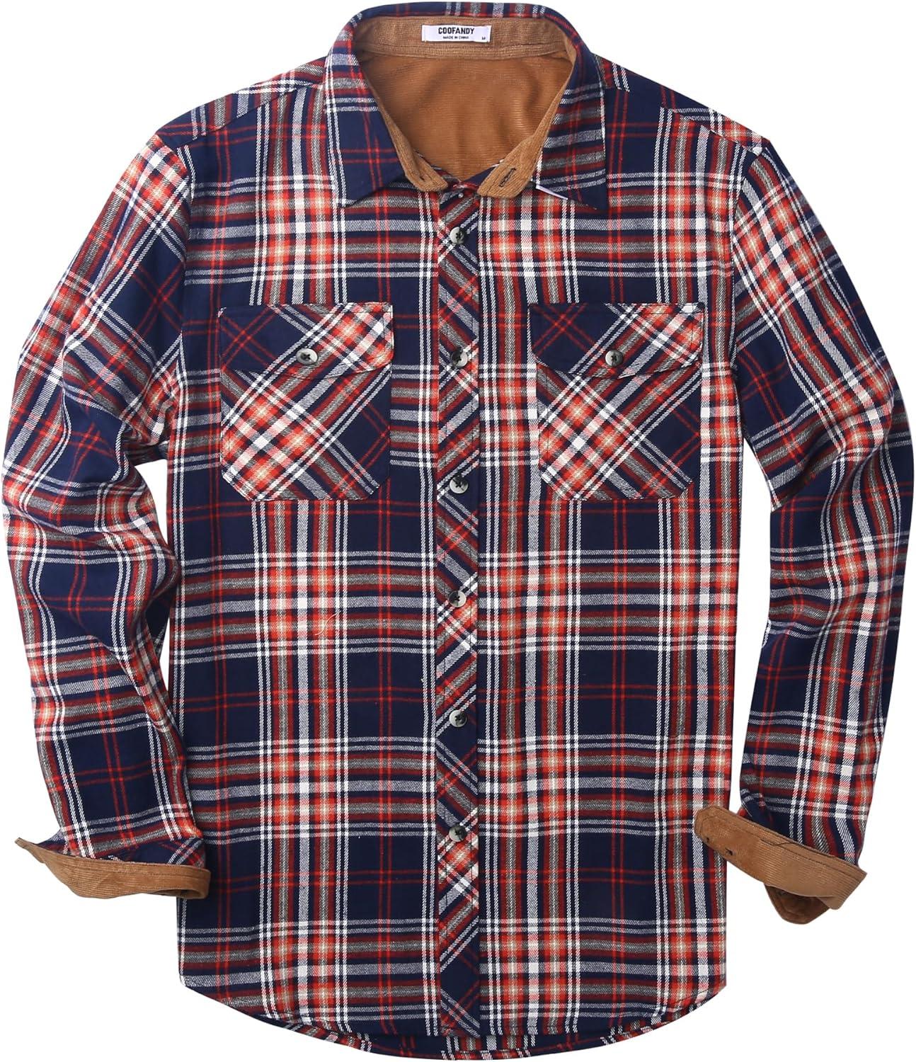 imageCOOFANDY Mens Fall Plaid Button Down Shirt Long Sleeve Casual Cowboy Work Shirts Lightweight Flannel Shirts Two PocketPlaidred Navy White