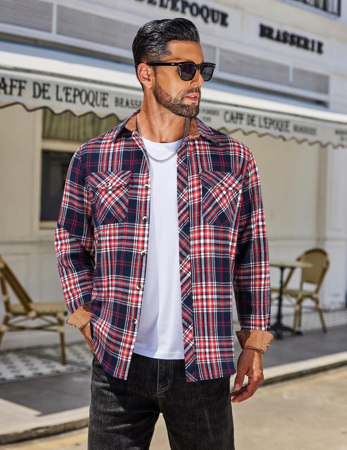 imageCOOFANDY Mens Fall Plaid Button Down Shirt Long Sleeve Casual Cowboy Work Shirts Lightweight Flannel Shirts Two PocketPlaidred Navy White