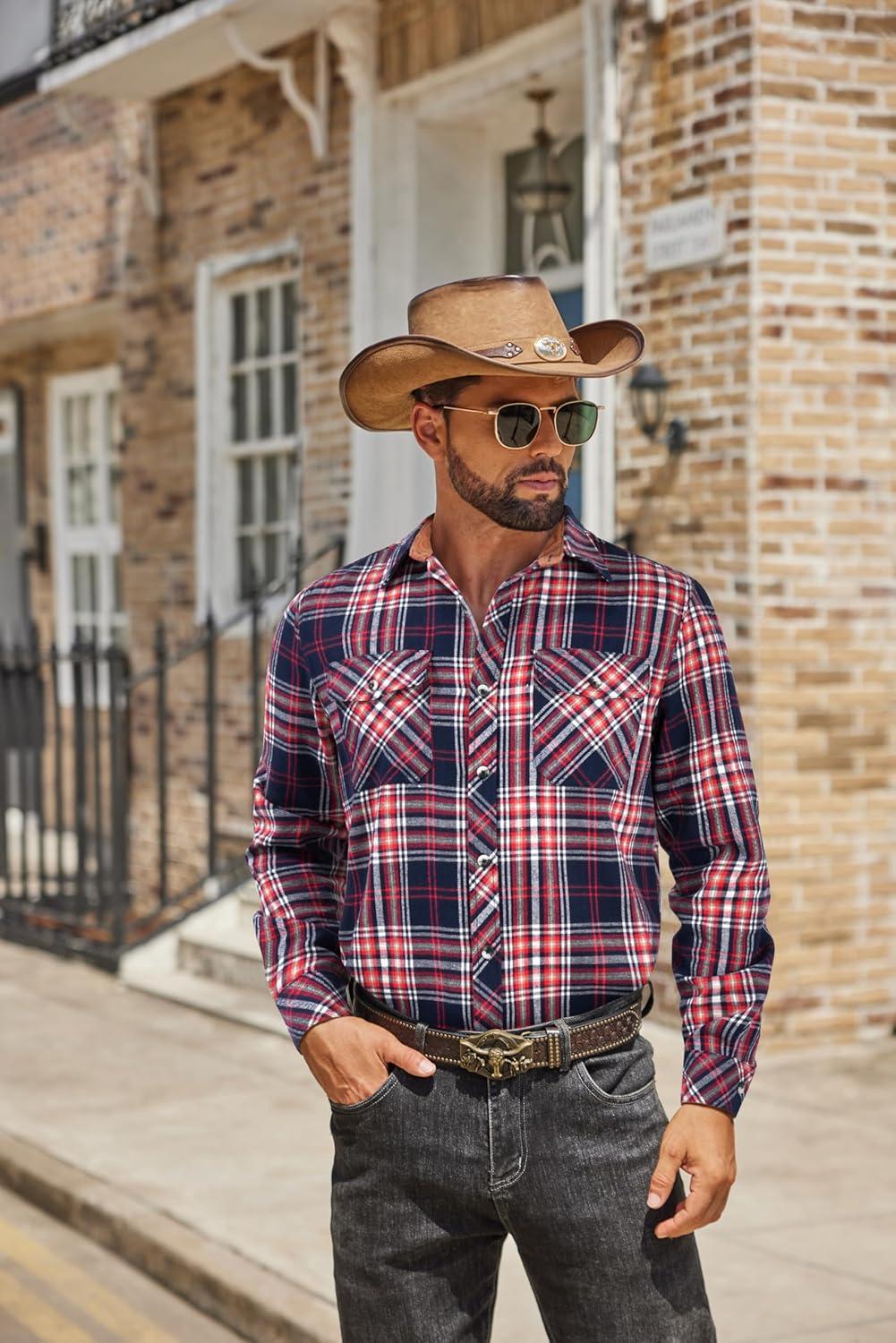 imageCOOFANDY Mens Fall Plaid Button Down Shirt Long Sleeve Casual Cowboy Work Shirts Lightweight Flannel Shirts Two PocketPlaidred Navy White