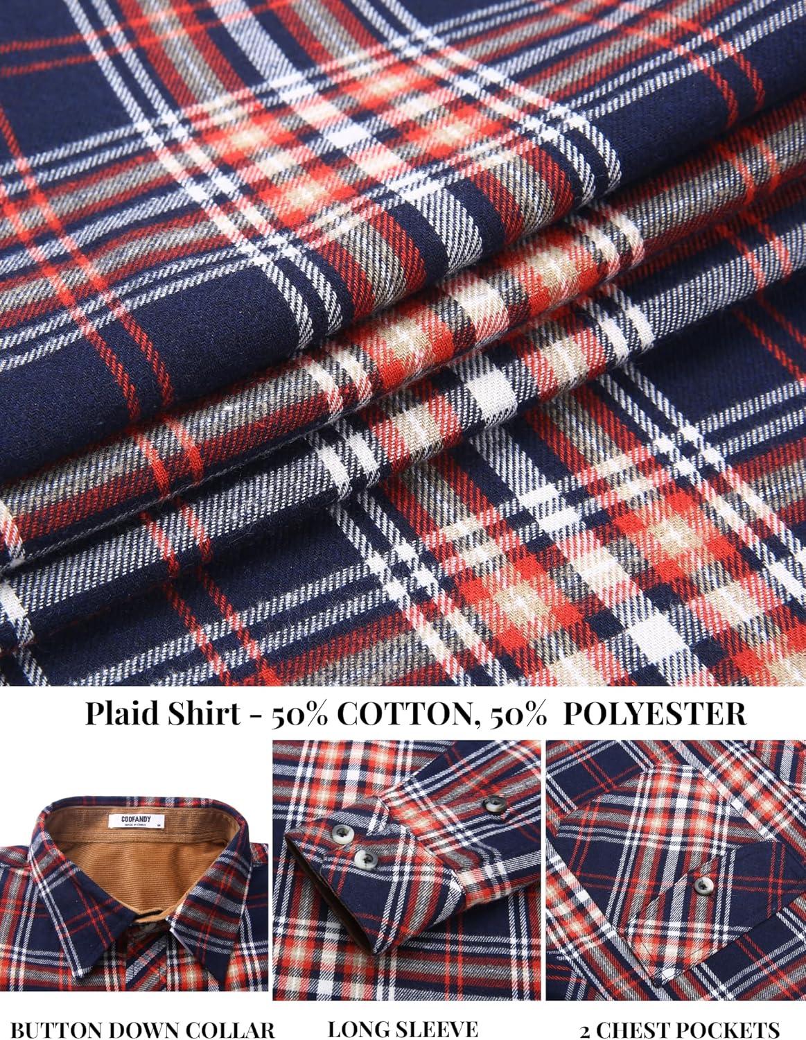 imageCOOFANDY Mens Fall Plaid Button Down Shirt Long Sleeve Casual Cowboy Work Shirts Lightweight Flannel Shirts Two PocketPlaidred Navy White