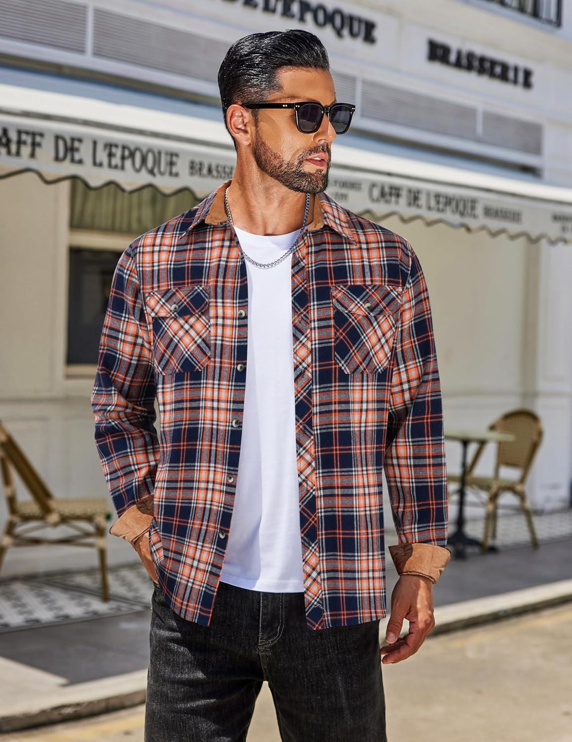 imageCOOFANDY Mens Fall Plaid Button Down Shirt Long Sleeve Casual Cowboy Work Shirts Lightweight Flannel Shirts Two PocketPlaidvibrant Orange