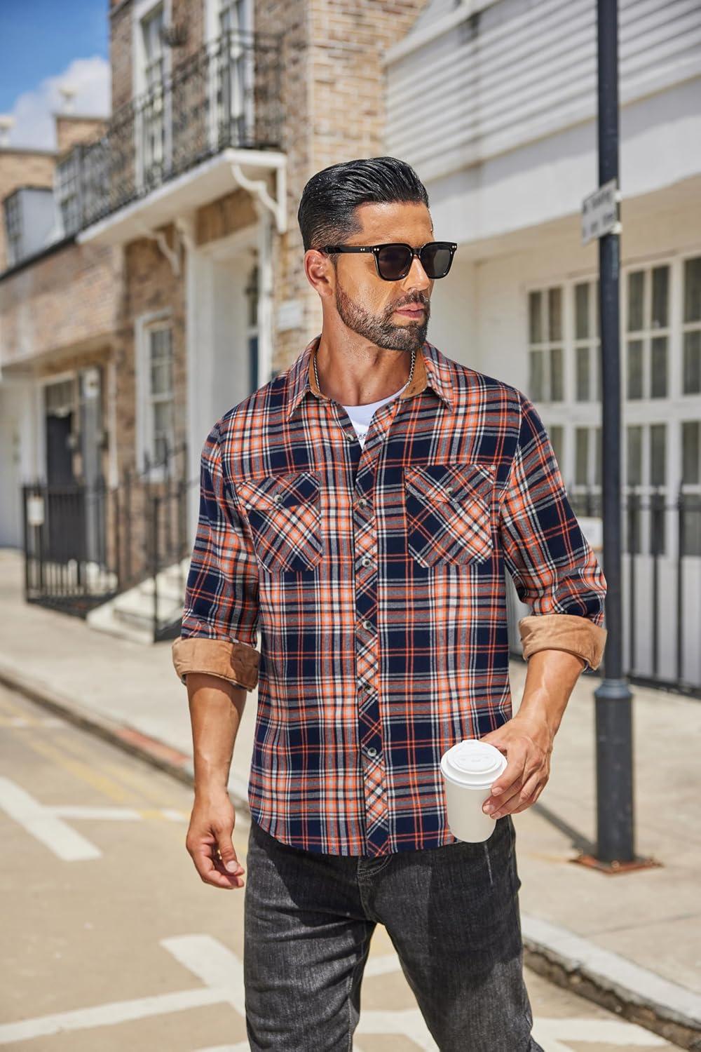 imageCOOFANDY Mens Fall Plaid Button Down Shirt Long Sleeve Casual Cowboy Work Shirts Lightweight Flannel Shirts Two PocketPlaidvibrant Orange