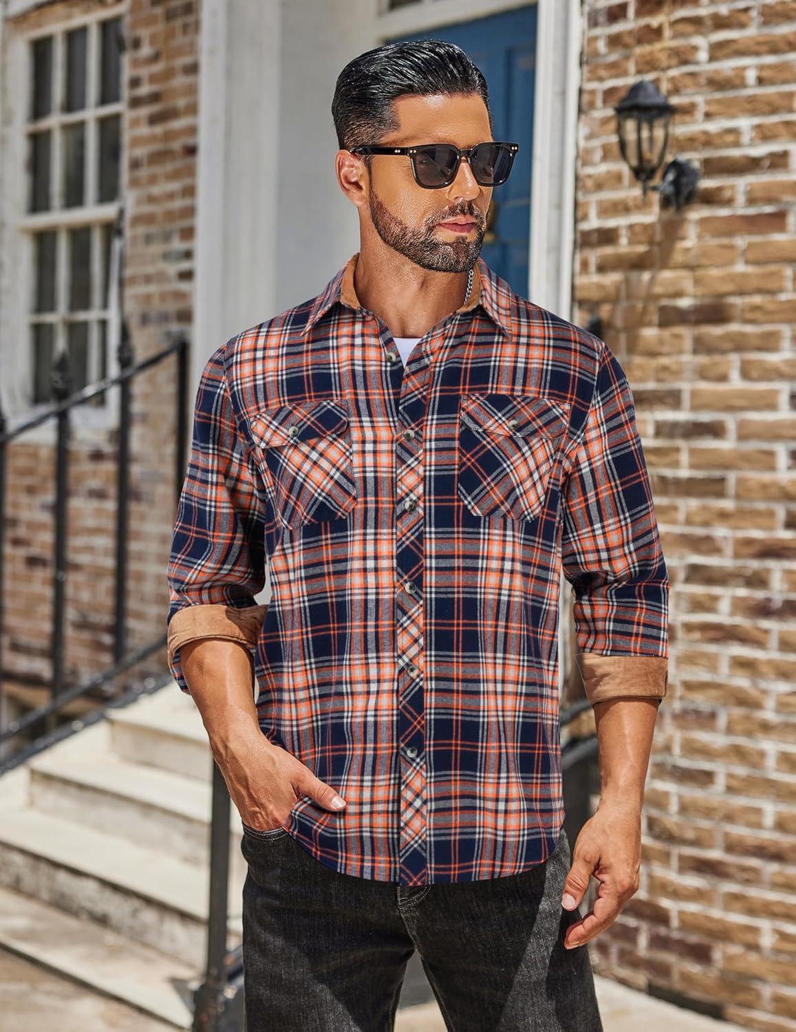 imageCOOFANDY Mens Fall Plaid Button Down Shirt Long Sleeve Casual Cowboy Work Shirts Lightweight Flannel Shirts Two PocketPlaidvibrant Orange