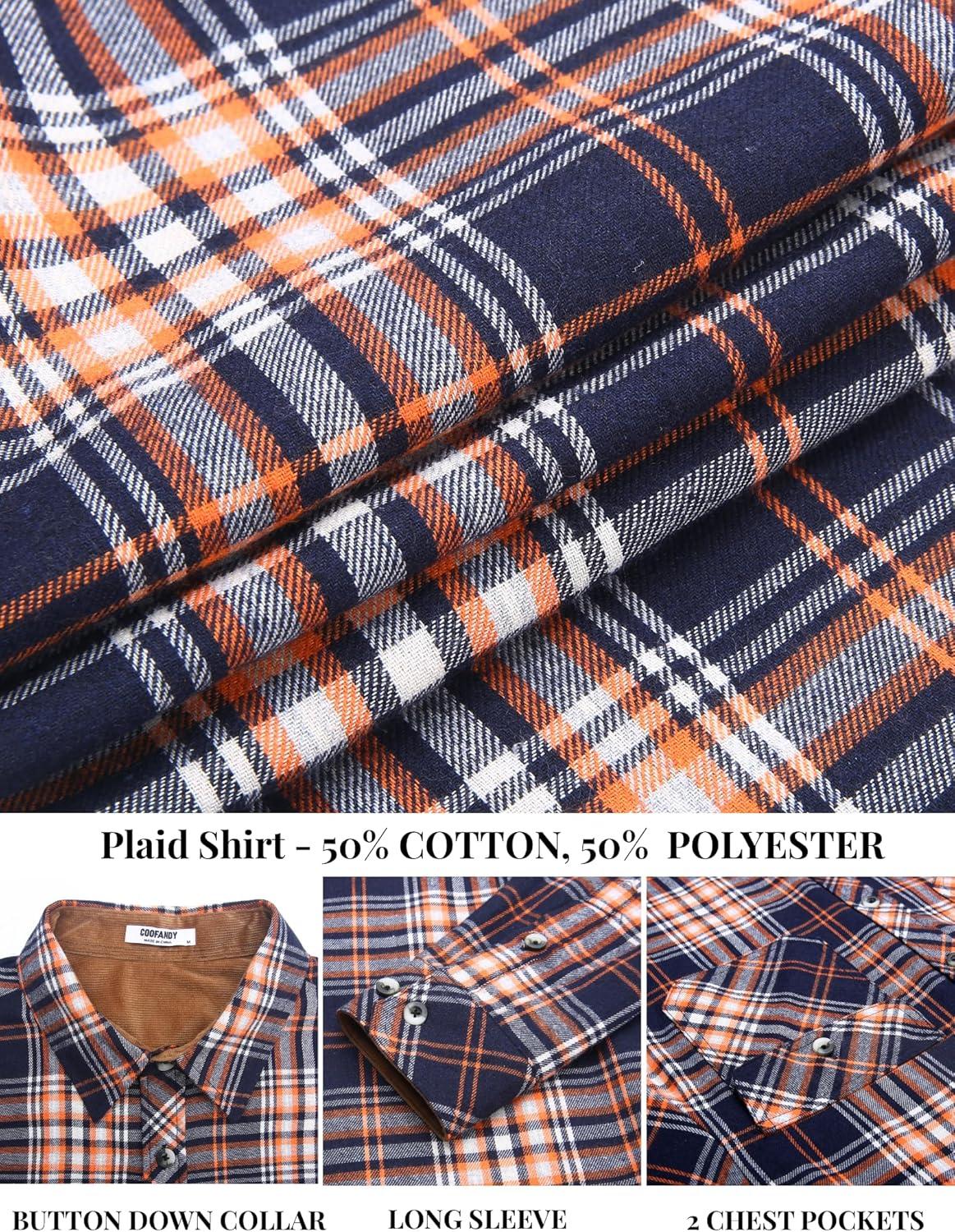imageCOOFANDY Mens Fall Plaid Button Down Shirt Long Sleeve Casual Cowboy Work Shirts Lightweight Flannel Shirts Two PocketPlaidvibrant Orange