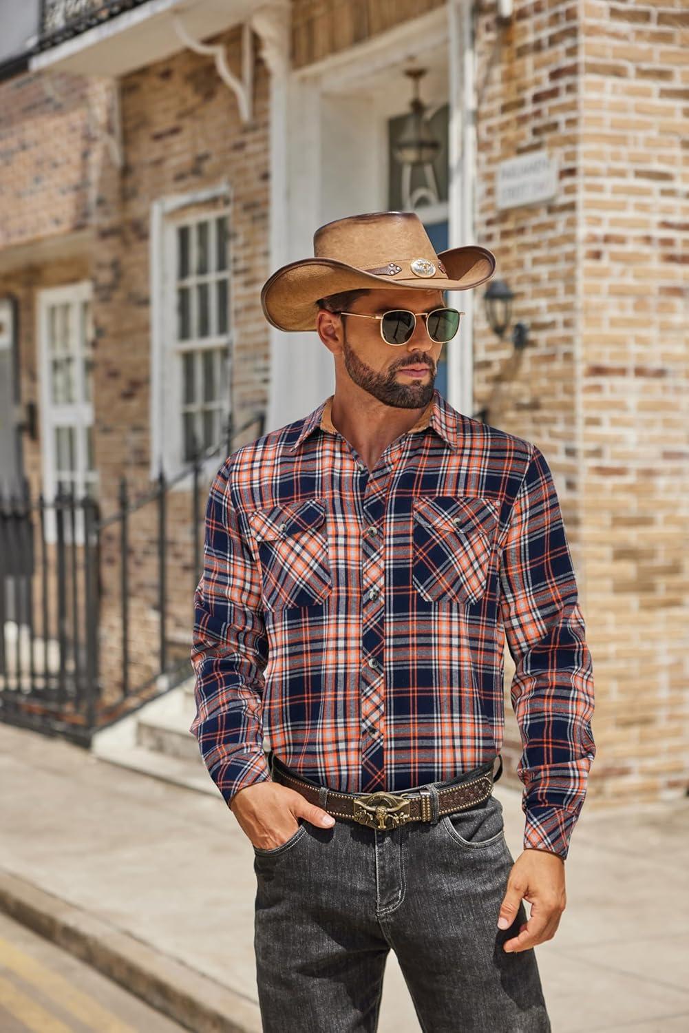 imageCOOFANDY Mens Fall Plaid Button Down Shirt Long Sleeve Casual Cowboy Work Shirts Lightweight Flannel Shirts Two PocketPlaidvibrant Orange