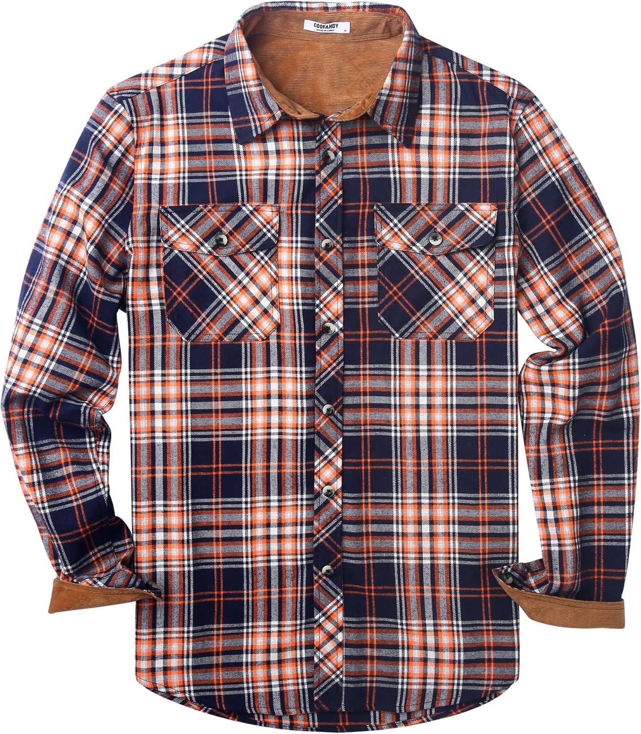 imageCOOFANDY Mens Fall Plaid Button Down Shirt Long Sleeve Casual Cowboy Work Shirts Lightweight Flannel Shirts Two PocketPlaidvibrant Orange