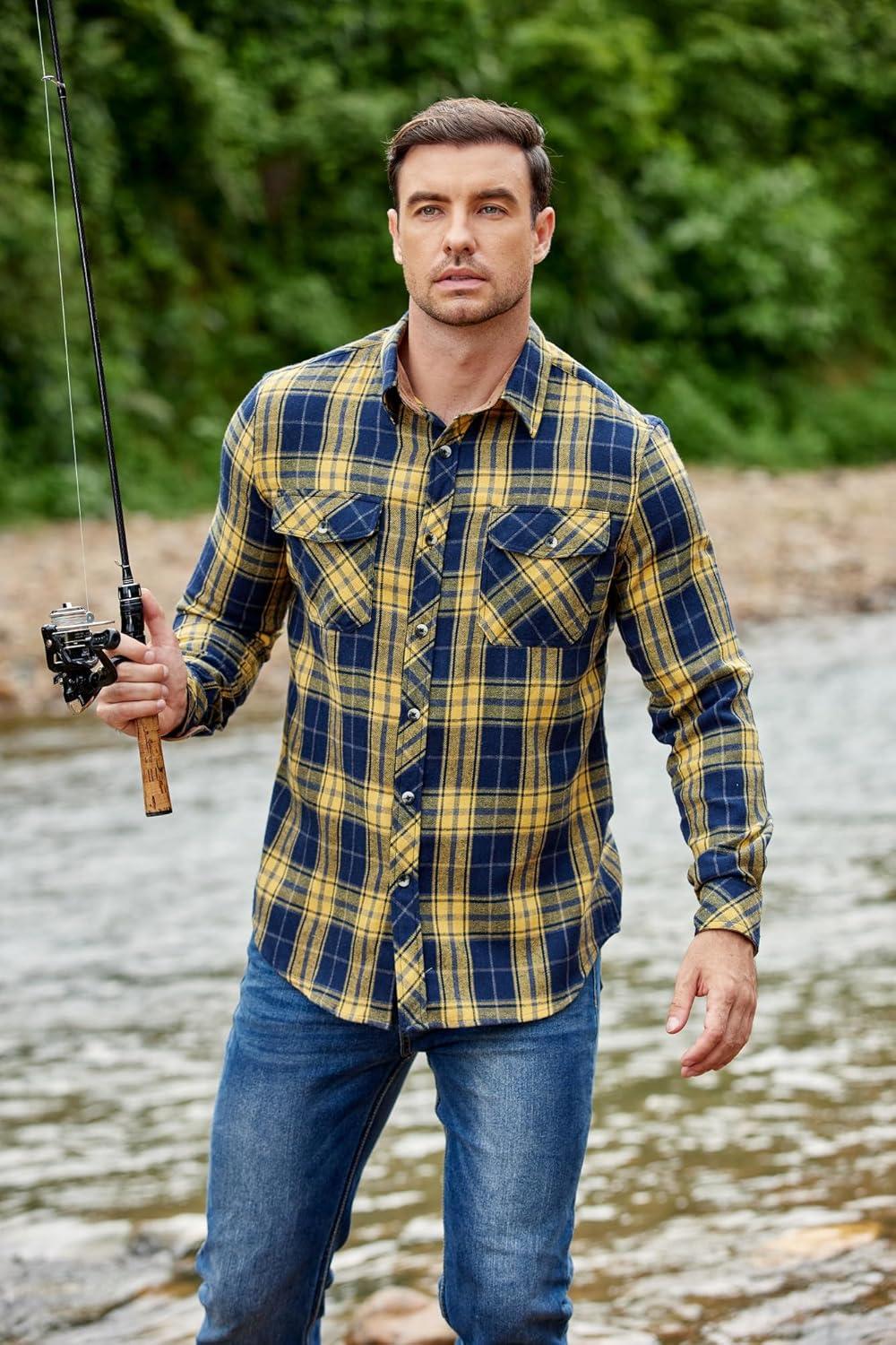 imageCOOFANDY Mens Fall Plaid Button Down Shirt Long Sleeve Casual Cowboy Work Shirts Lightweight Flannel Shirts Two PocketPlaidyellow Navy Plaid