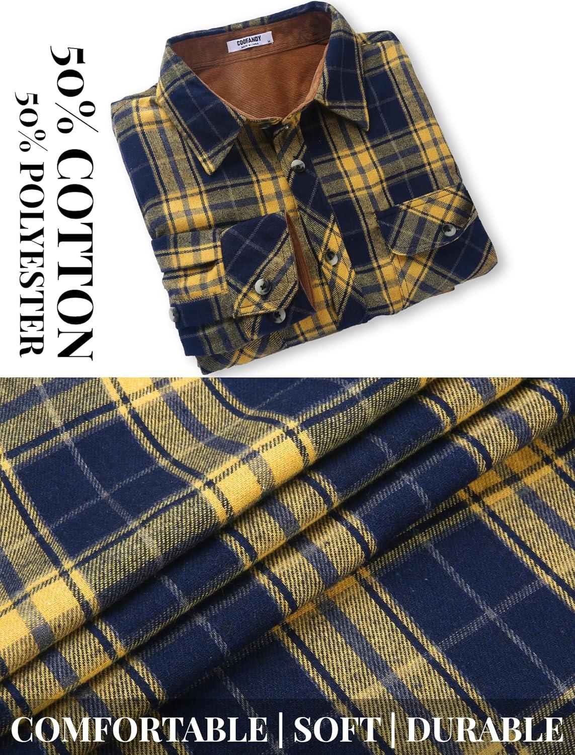 imageCOOFANDY Mens Fall Plaid Button Down Shirt Long Sleeve Casual Cowboy Work Shirts Lightweight Flannel Shirts Two PocketPlaidyellow Navy Plaid
