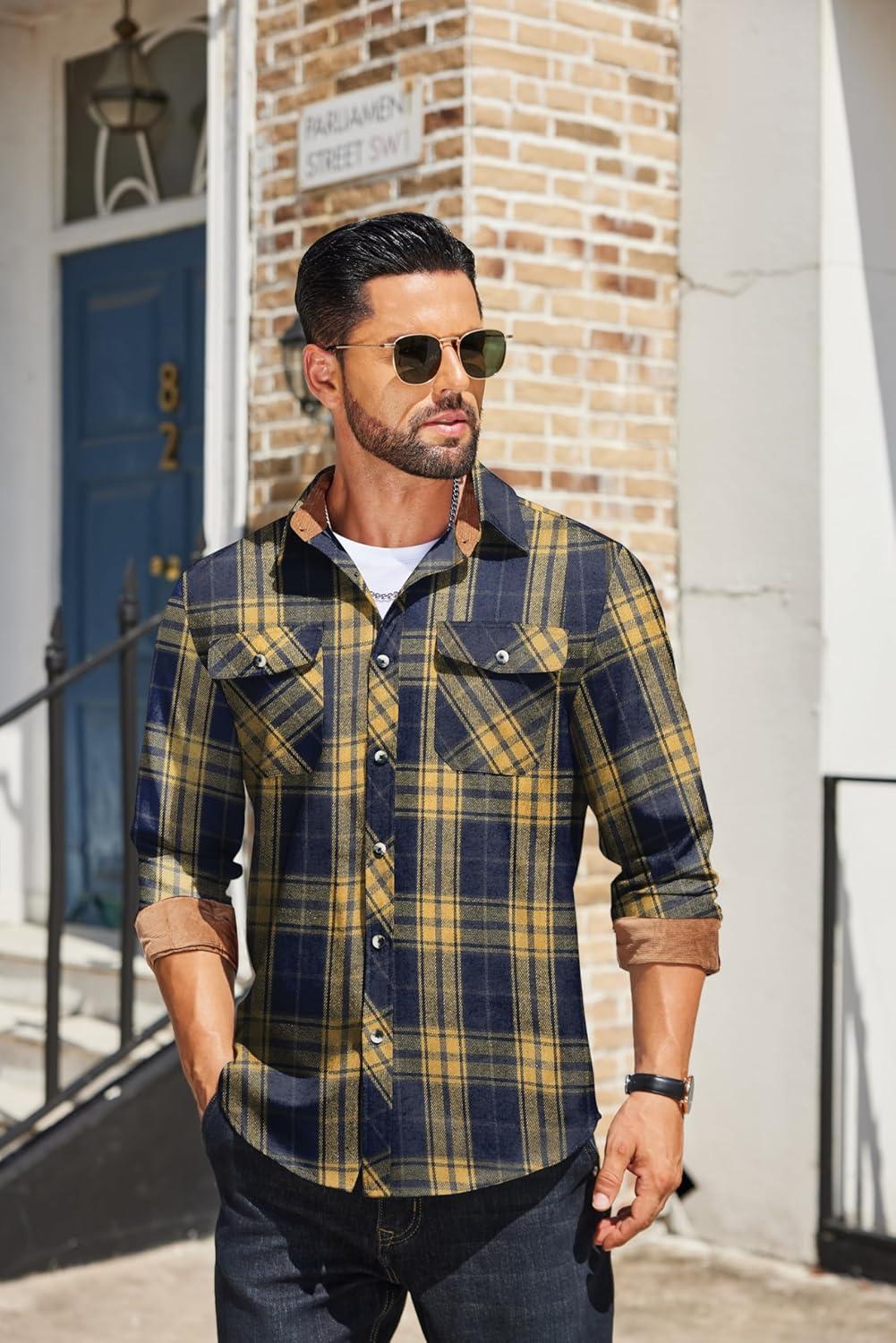 imageCOOFANDY Mens Fall Plaid Button Down Shirt Long Sleeve Casual Cowboy Work Shirts Lightweight Flannel Shirts Two PocketPlaidyellow Navy Plaid