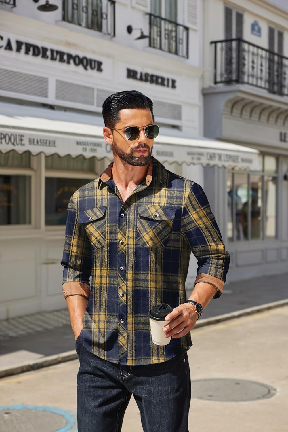 imageCOOFANDY Mens Fall Plaid Button Down Shirt Long Sleeve Casual Cowboy Work Shirts Lightweight Flannel Shirts Two PocketPlaidyellow Navy Plaid