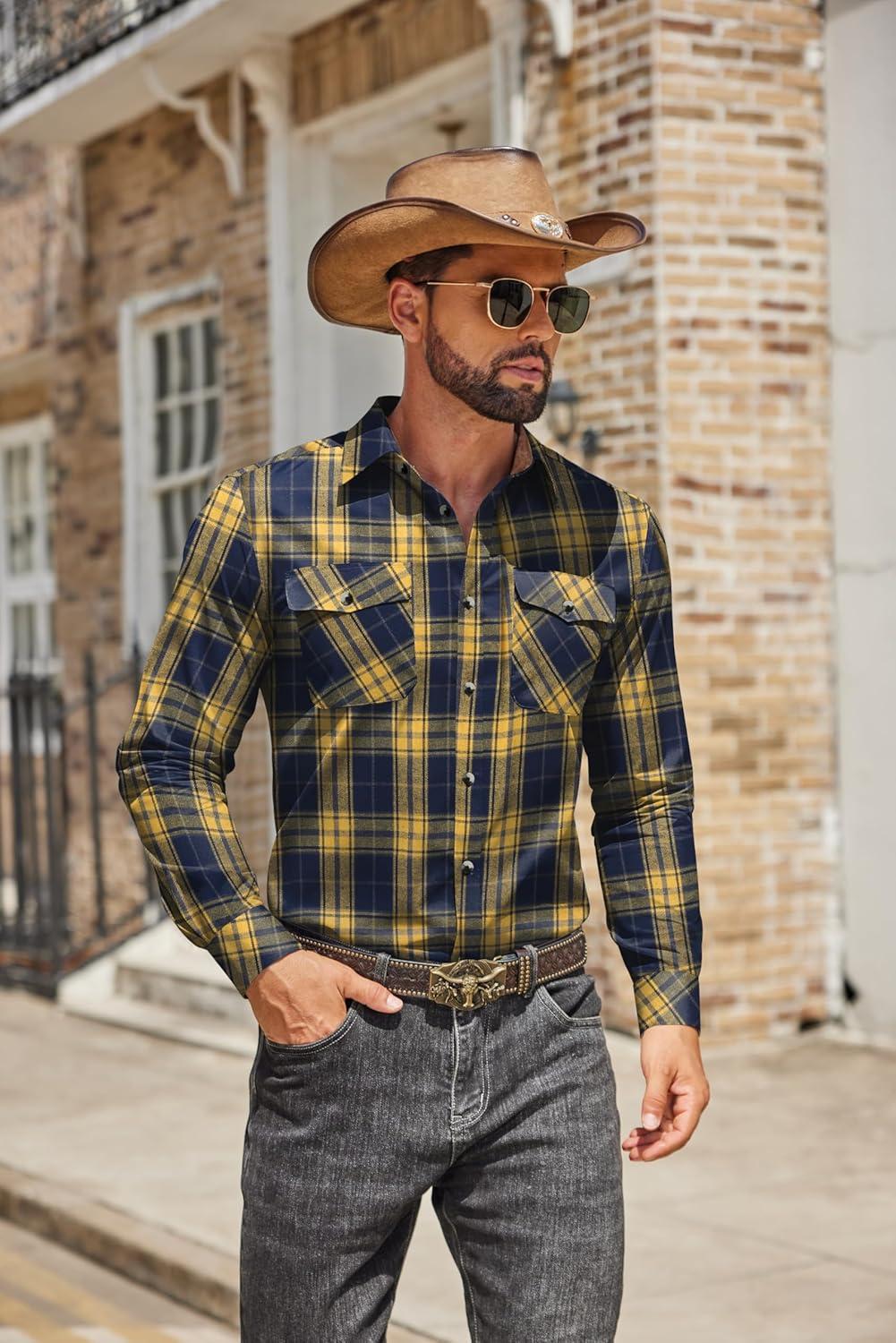 imageCOOFANDY Mens Fall Plaid Button Down Shirt Long Sleeve Casual Cowboy Work Shirts Lightweight Flannel Shirts Two PocketPlaidyellow Navy Plaid