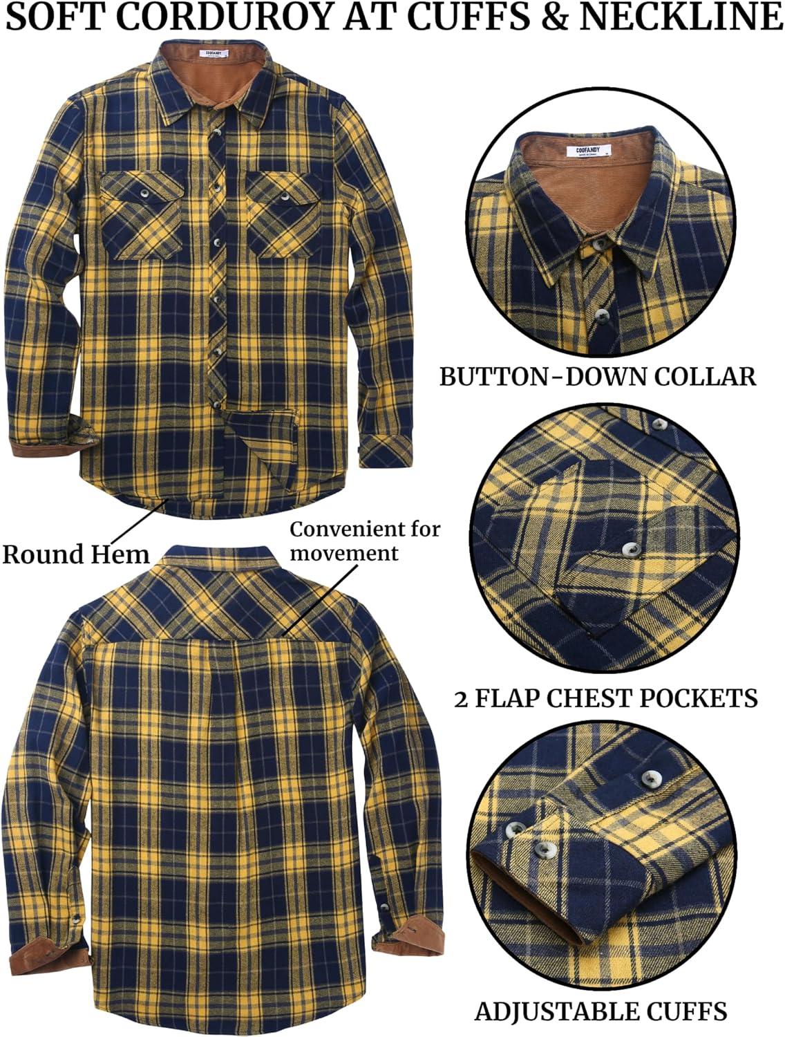 imageCOOFANDY Mens Fall Plaid Button Down Shirt Long Sleeve Casual Cowboy Work Shirts Lightweight Flannel Shirts Two PocketPlaidyellow Navy Plaid