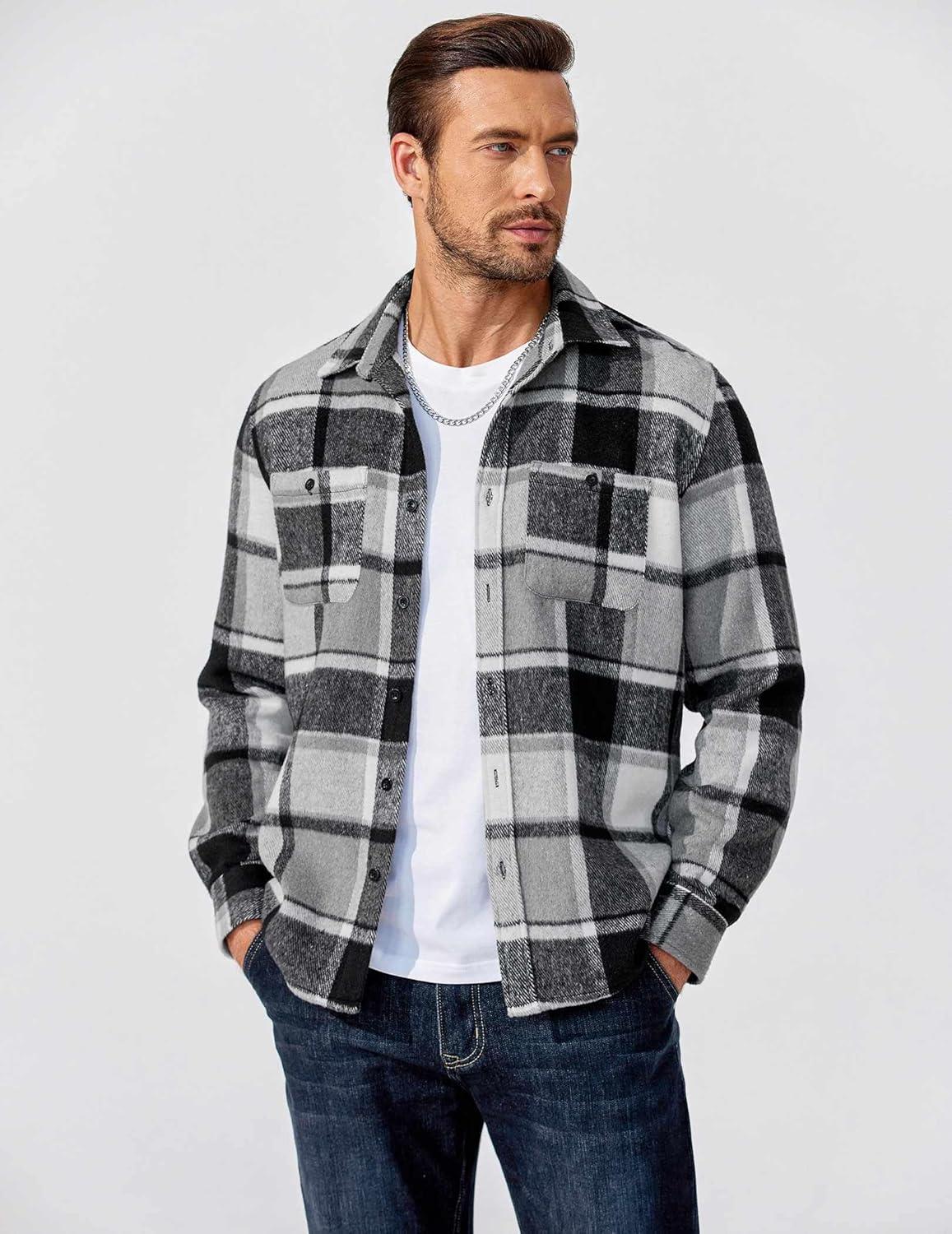 imageCOOFANDY Mens Flannel Plaid Shirts Long Sleeve Casual Button Down Shirt with PocketsBlack