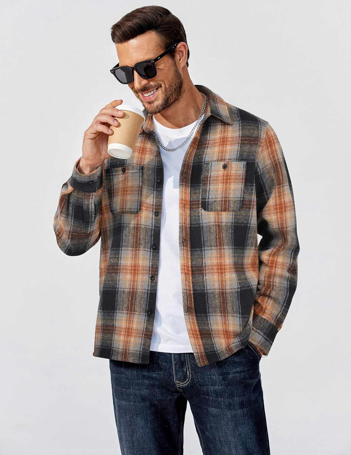 imageCOOFANDY Mens Flannel Plaid Shirts Long Sleeve Casual Button Down Shirt with PocketsBlackorange Plaid