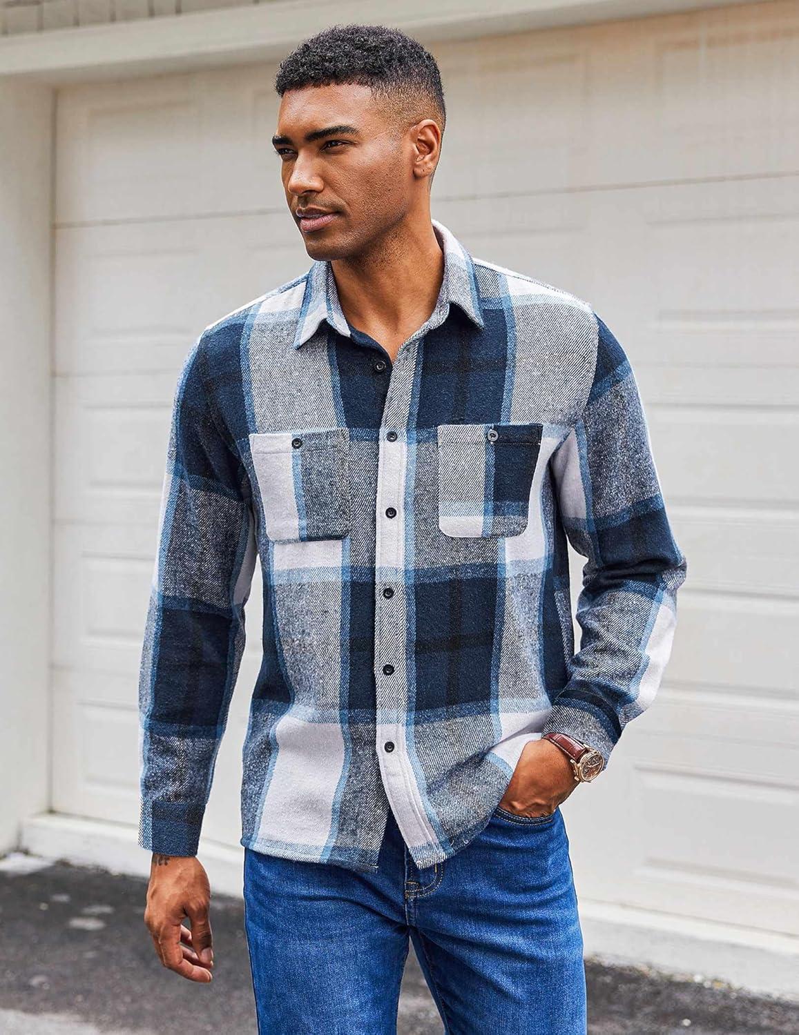 imageCOOFANDY Mens Flannel Plaid Shirts Long Sleeve Casual Button Down Shirt with PocketsNavy Blue Plaid