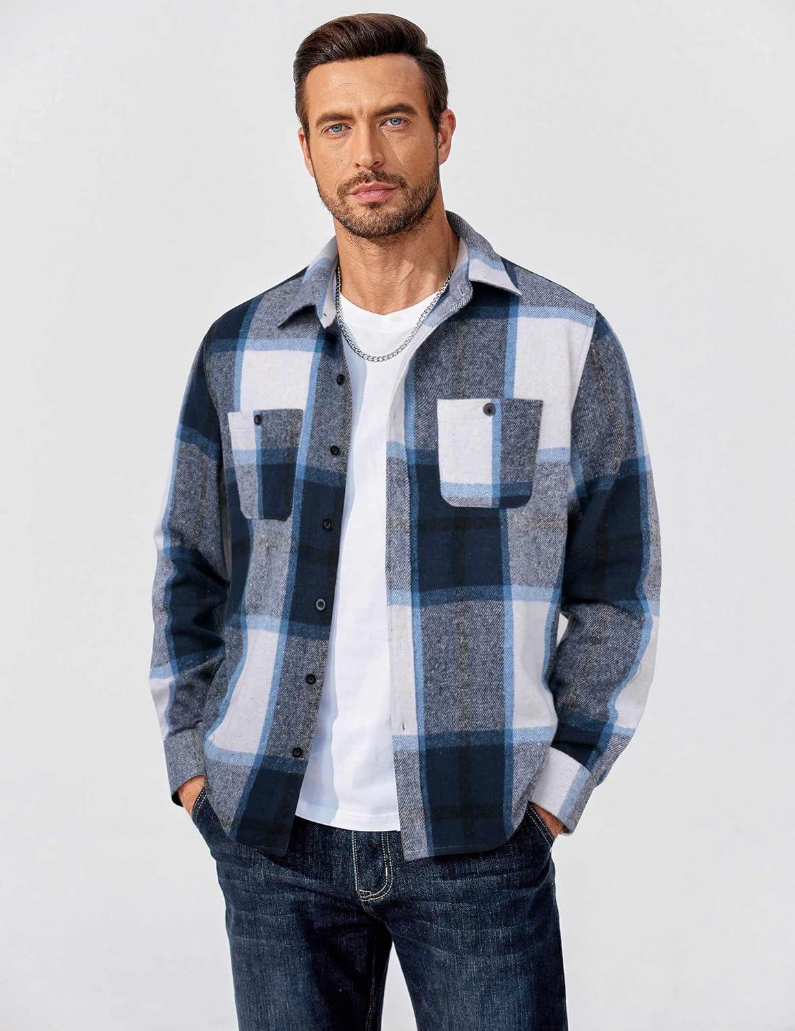 imageCOOFANDY Mens Flannel Plaid Shirts Long Sleeve Casual Button Down Shirt with PocketsNavy Blue Plaid