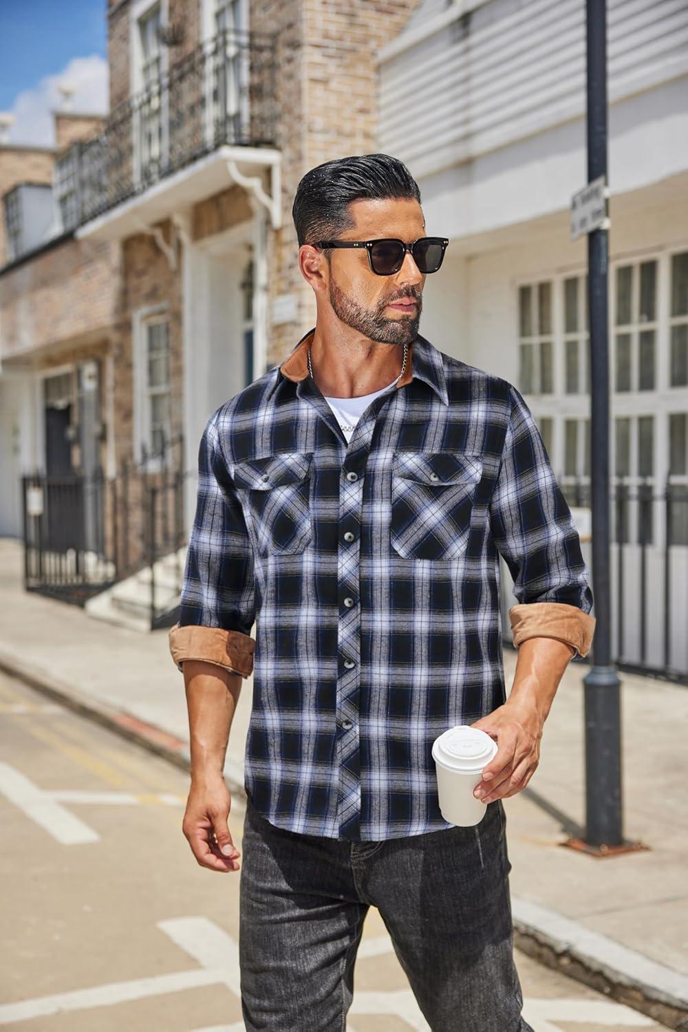 imageCOOFANDY Mens Flannel Plaid Shirts Long Sleeve Casual Button Down Shirt with PocketsPlaidblack Navy