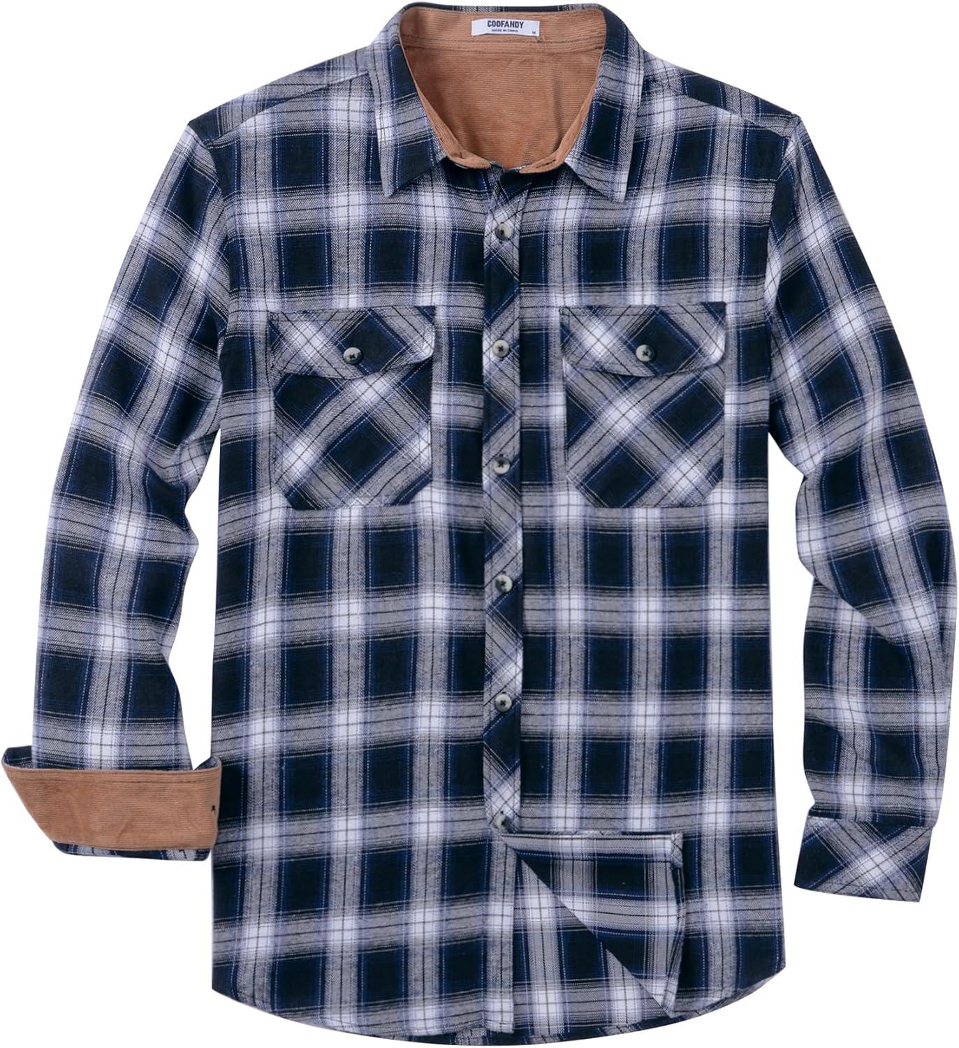 imageCOOFANDY Mens Flannel Plaid Shirts Long Sleeve Casual Button Down Shirt with PocketsPlaidblack Navy