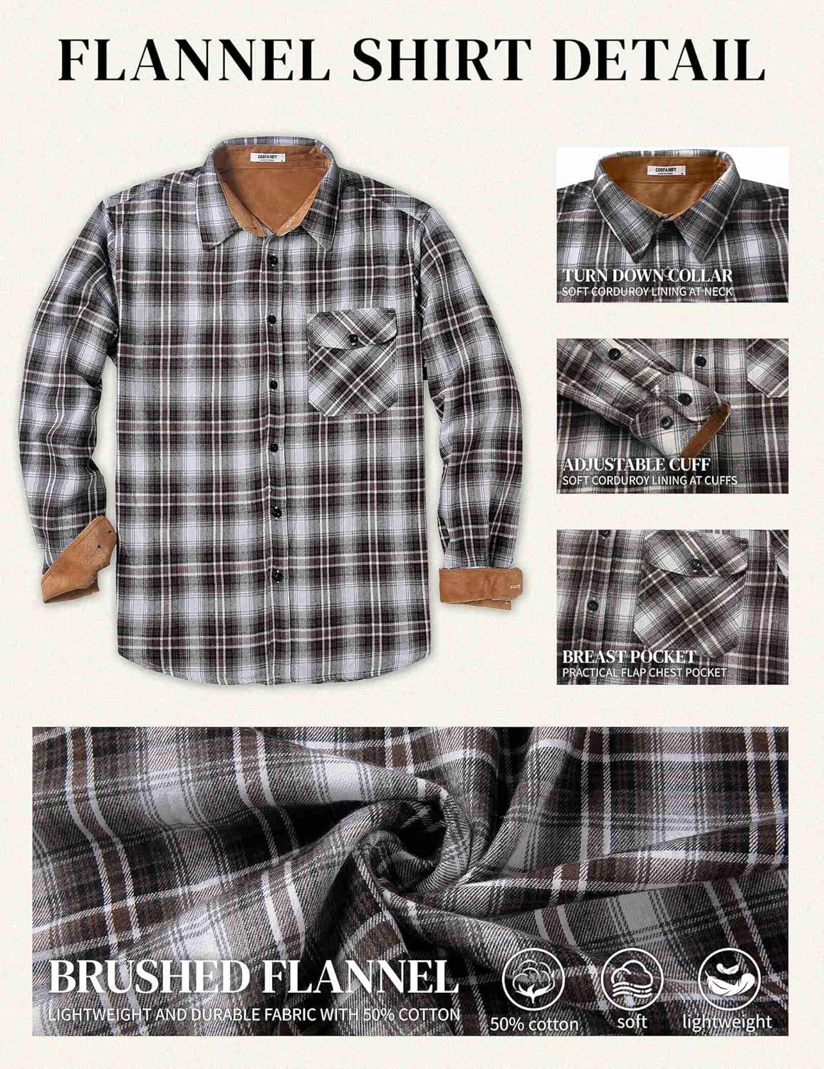 imageCOOFANDY Mens Flannel Shirts Long Sleeve Button Down Shirt with Pocket Casual Shirts Work Shirts for MenBrown Black White Plaid