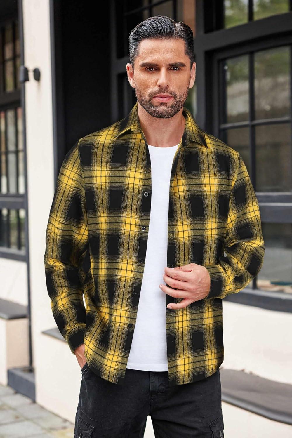 imageCOOFANDY Mens Flannel Shirts Long Sleeve Button Down Shirt with Pocket Casual Shirts Work Shirts for MenYellowBlack