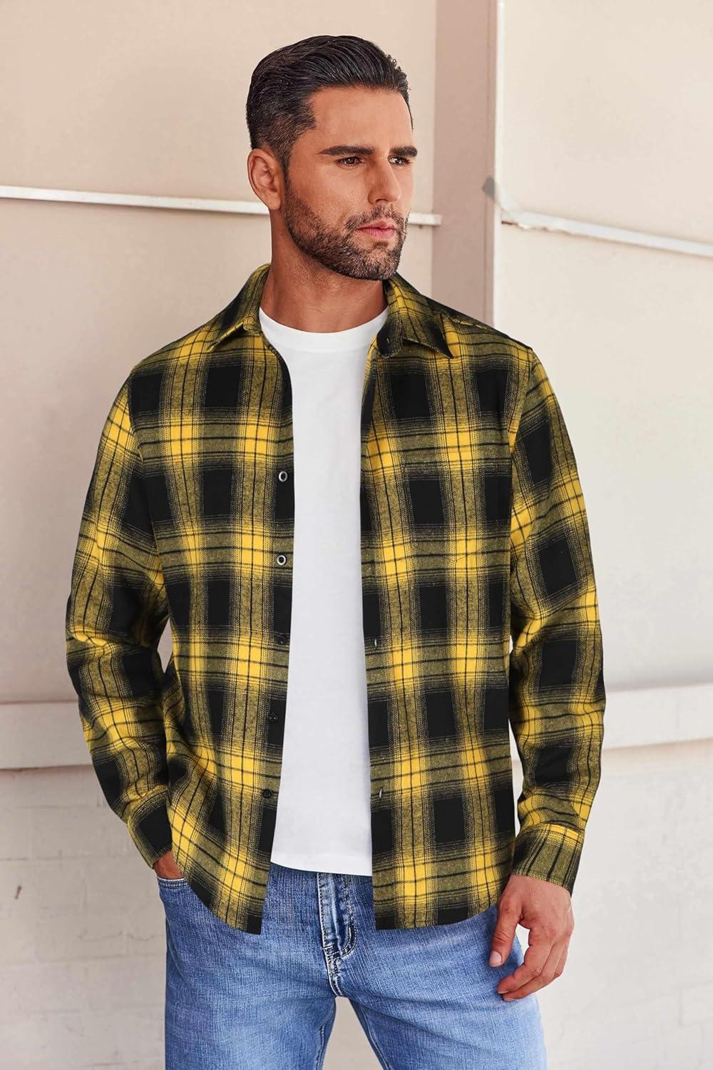 imageCOOFANDY Mens Flannel Shirts Long Sleeve Button Down Shirt with Pocket Casual Shirts Work Shirts for MenYellowBlack