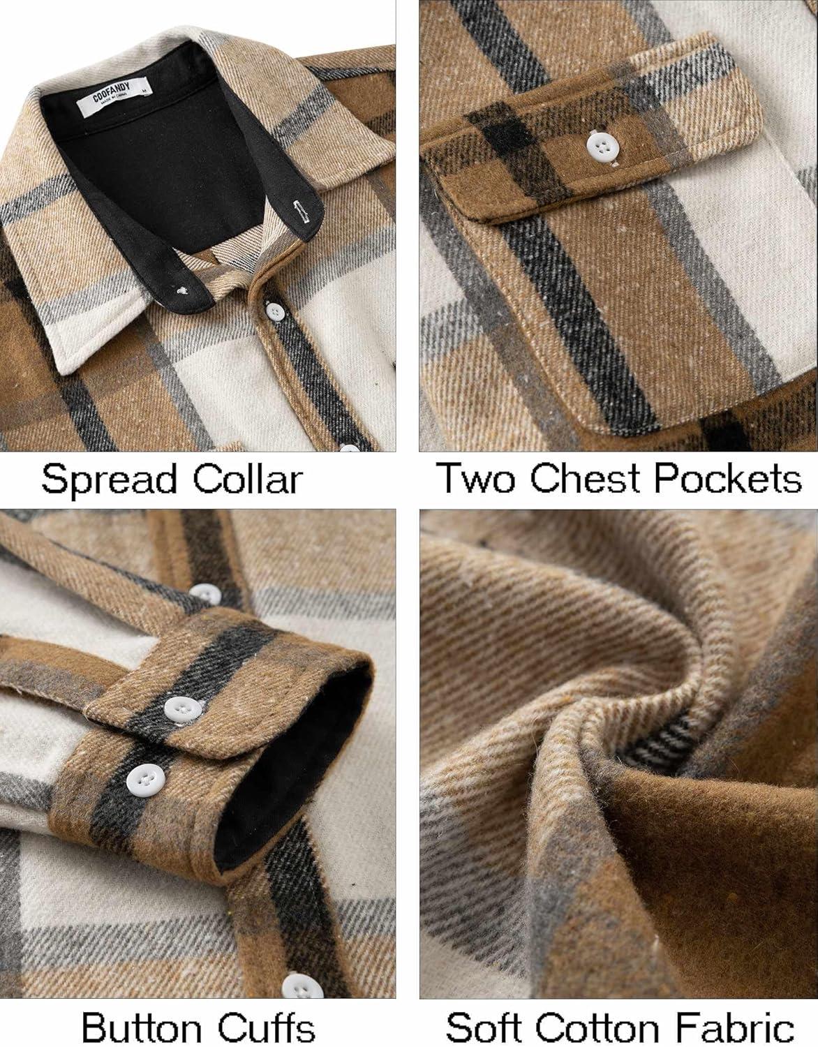 imageCOOFANDY Mens Flannel Shirts Long Sleeve Cotton Plaid Shirt Jacket Casual Button Down Shirt with PocketsLight Khaki White