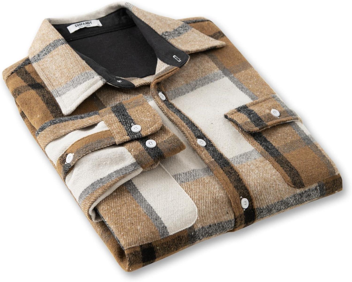 imageCOOFANDY Mens Flannel Shirts Long Sleeve Cotton Plaid Shirt Jacket Casual Button Down Shirt with PocketsLight Khaki White