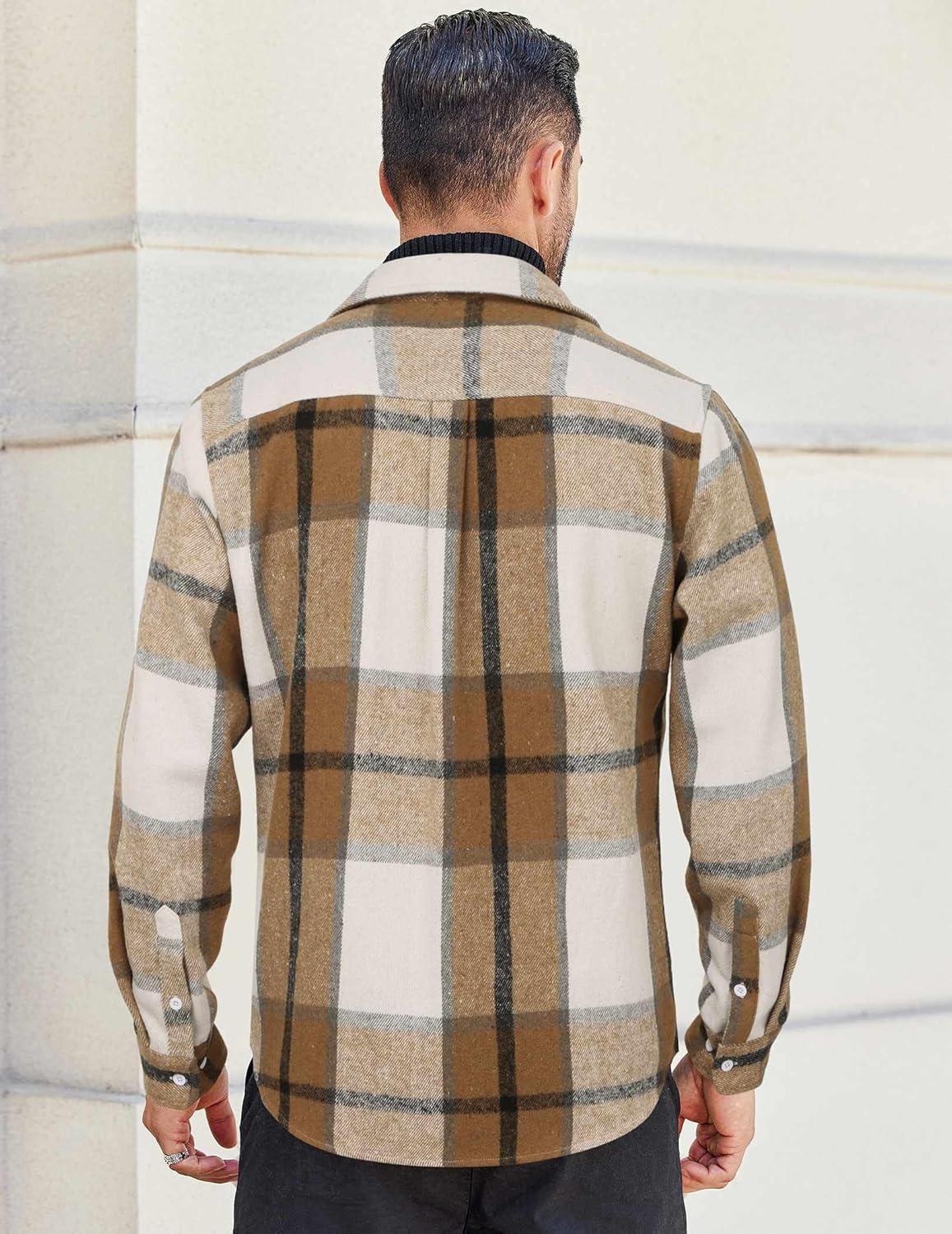 imageCOOFANDY Mens Flannel Shirts Long Sleeve Cotton Plaid Shirt Jacket Casual Button Down Shirt with PocketsLight Khaki White