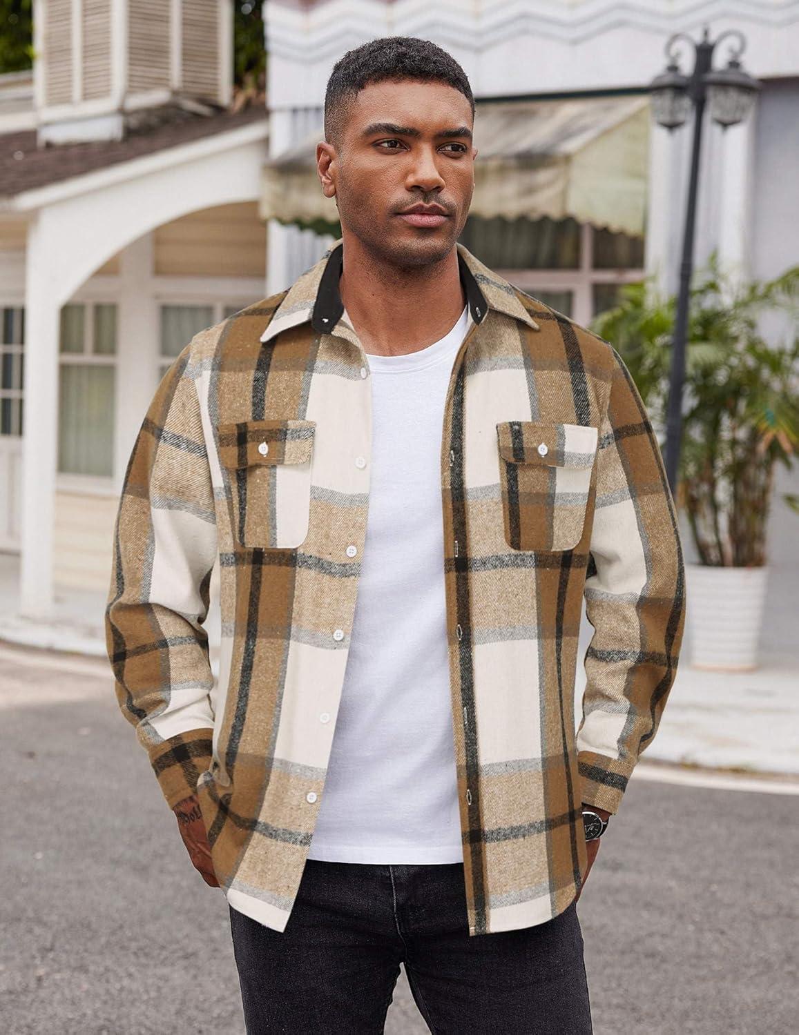 imageCOOFANDY Mens Flannel Shirts Long Sleeve Cotton Plaid Shirt Jacket Casual Button Down Shirt with PocketsLight Khaki White