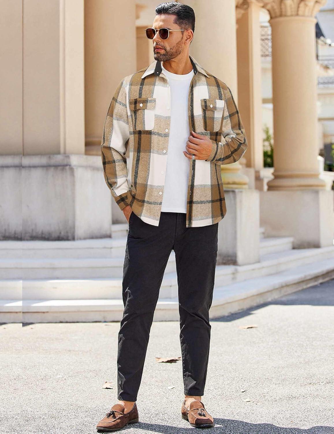 imageCOOFANDY Mens Flannel Shirts Long Sleeve Cotton Plaid Shirt Jacket Casual Button Down Shirt with PocketsLight Khaki White