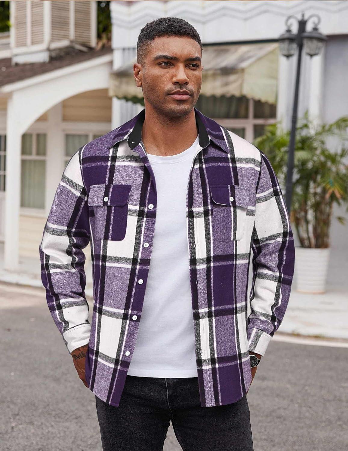 imageCOOFANDY Mens Flannel Shirts Long Sleeve Cotton Plaid Shirt Jacket Casual Button Down Shirt with PocketsPurple