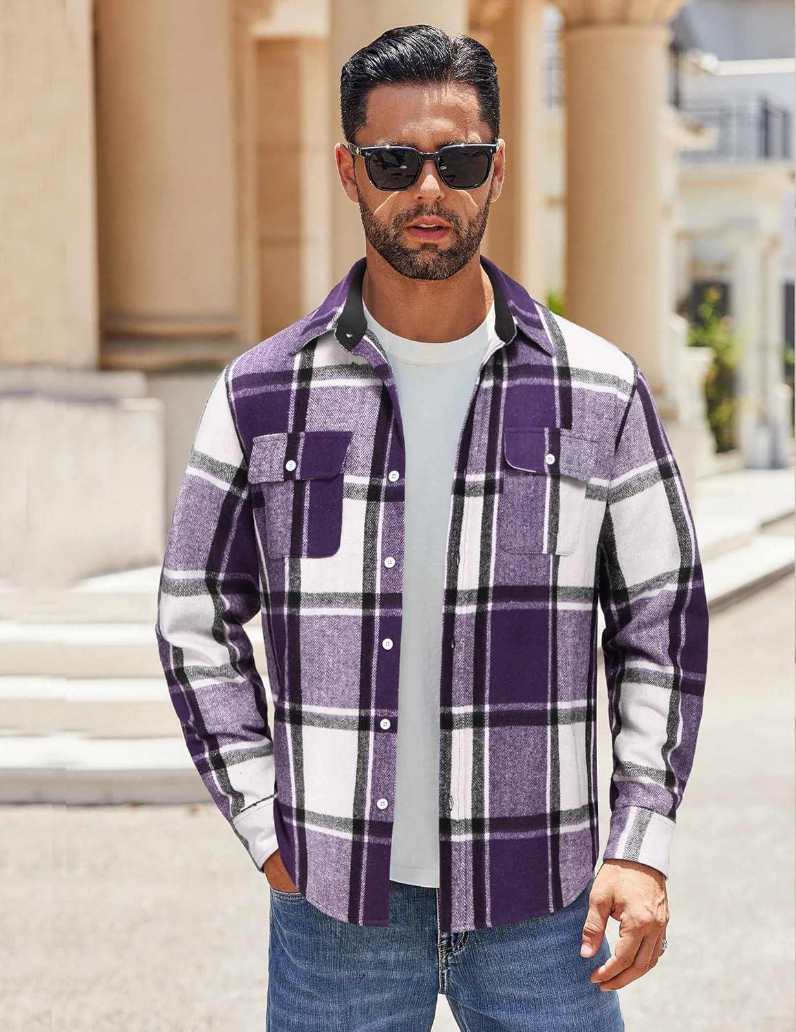 imageCOOFANDY Mens Flannel Shirts Long Sleeve Cotton Plaid Shirt Jacket Casual Button Down Shirt with PocketsPurple