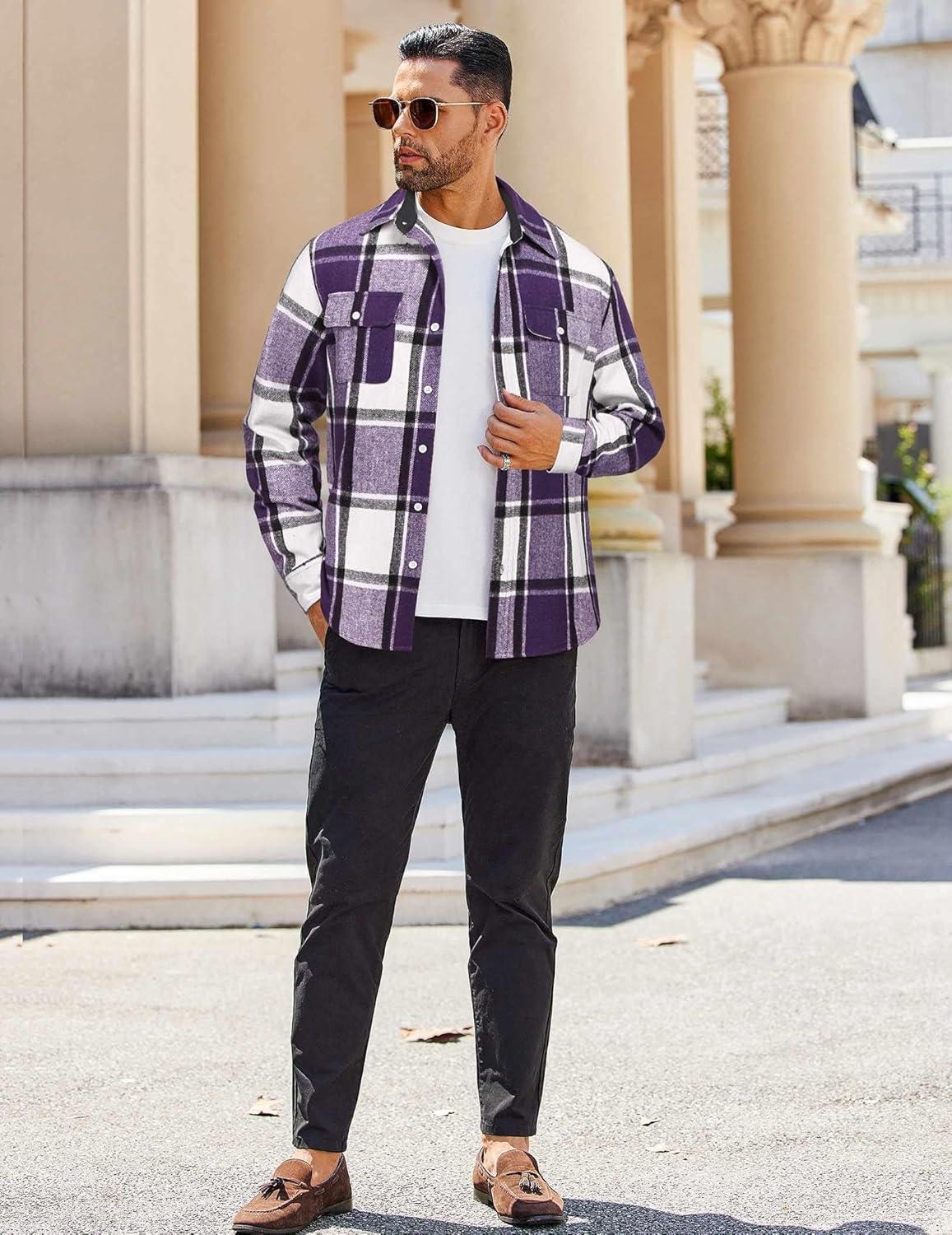 imageCOOFANDY Mens Flannel Shirts Long Sleeve Cotton Plaid Shirt Jacket Casual Button Down Shirt with PocketsPurple