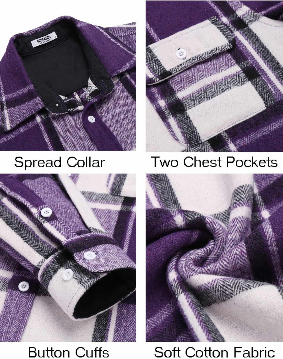 imageCOOFANDY Mens Flannel Shirts Long Sleeve Cotton Plaid Shirt Jacket Casual Button Down Shirt with PocketsPurple