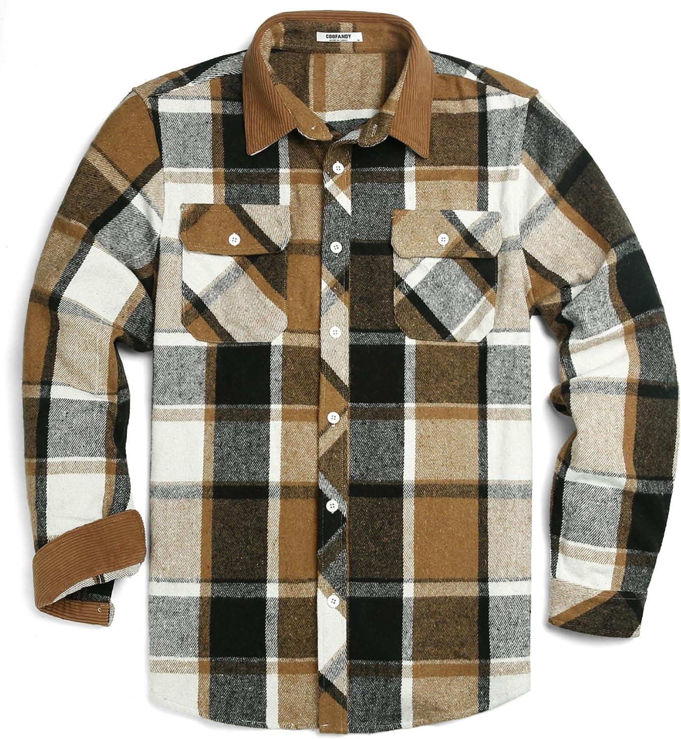 imageCOOFANDY Mens Flannel Shirts Long Sleeve Fleece Plaid Jacket Casual Stylish Button Down Shirts with PocketsKhaki