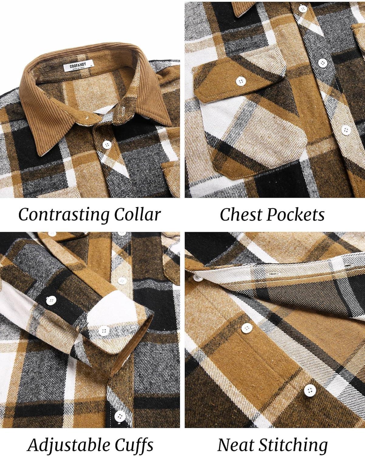 imageCOOFANDY Mens Flannel Shirts Long Sleeve Fleece Plaid Jacket Casual Stylish Button Down Shirts with PocketsKhaki