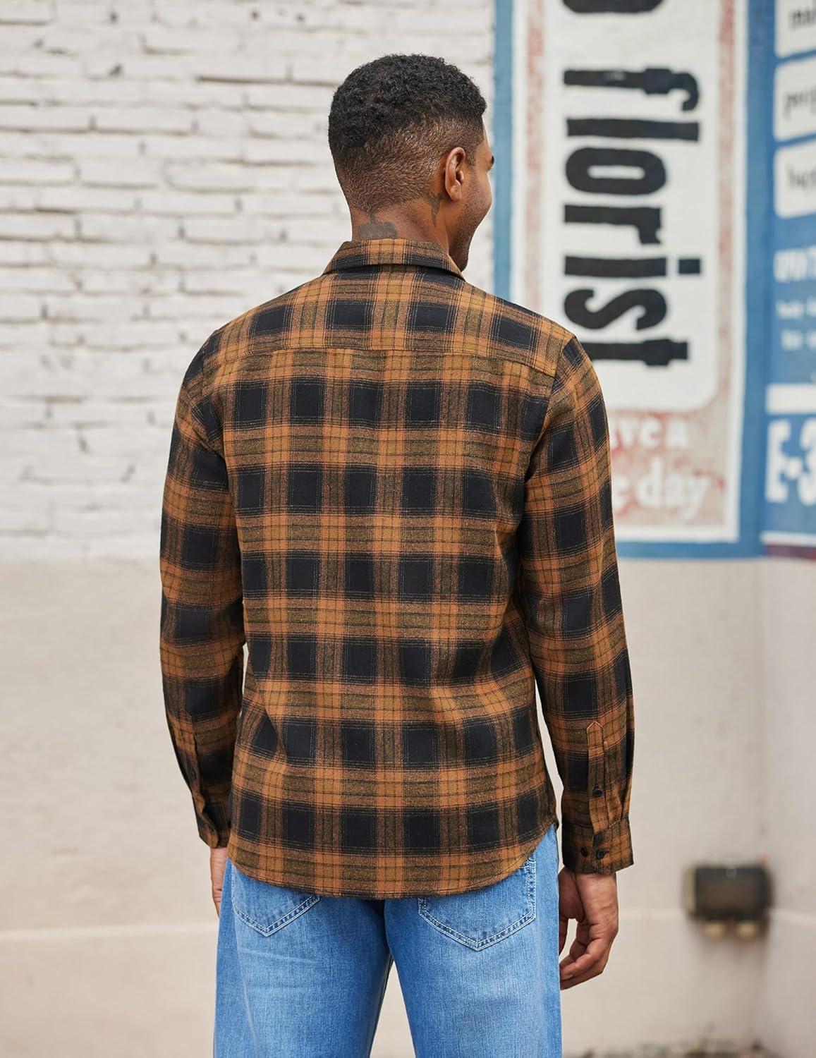 imageCOOFANDY Mens Flannel Shirts Long Sleeve Lightweight Plaid Shirt Casual Button Down Shirts with PocketKhaki