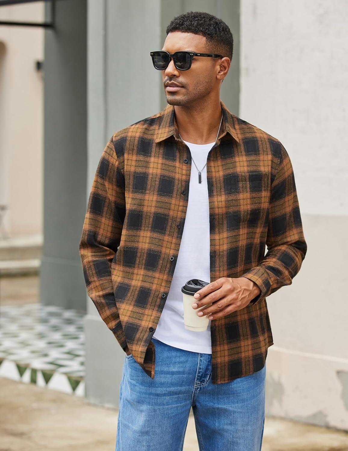 imageCOOFANDY Mens Flannel Shirts Long Sleeve Lightweight Plaid Shirt Casual Button Down Shirts with PocketKhaki