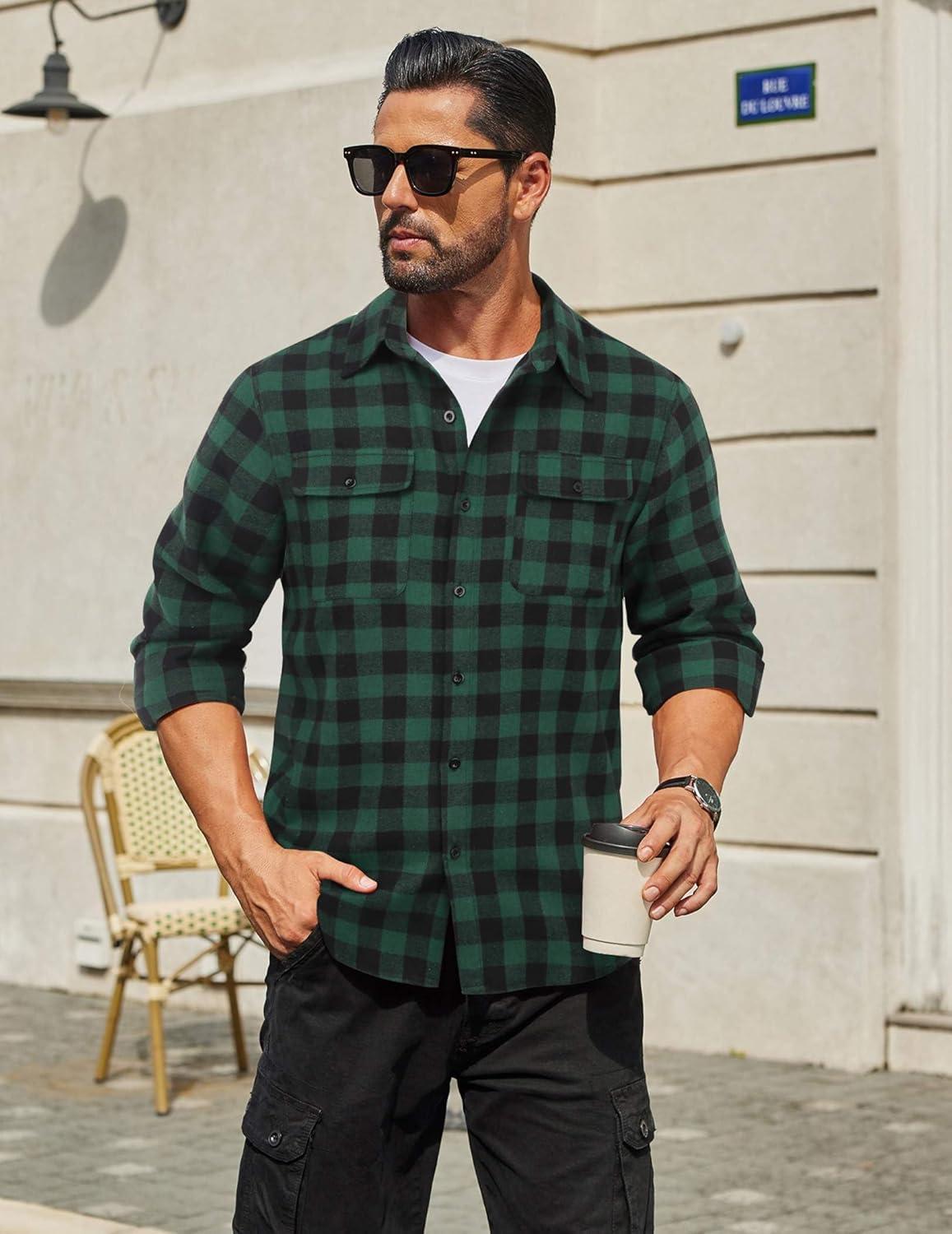 imageCOOFANDY Mens Flannel Shirts Long Sleeve Plaid Button Down Shirt Cotton Casual Work Shirts with PocketsGreen
