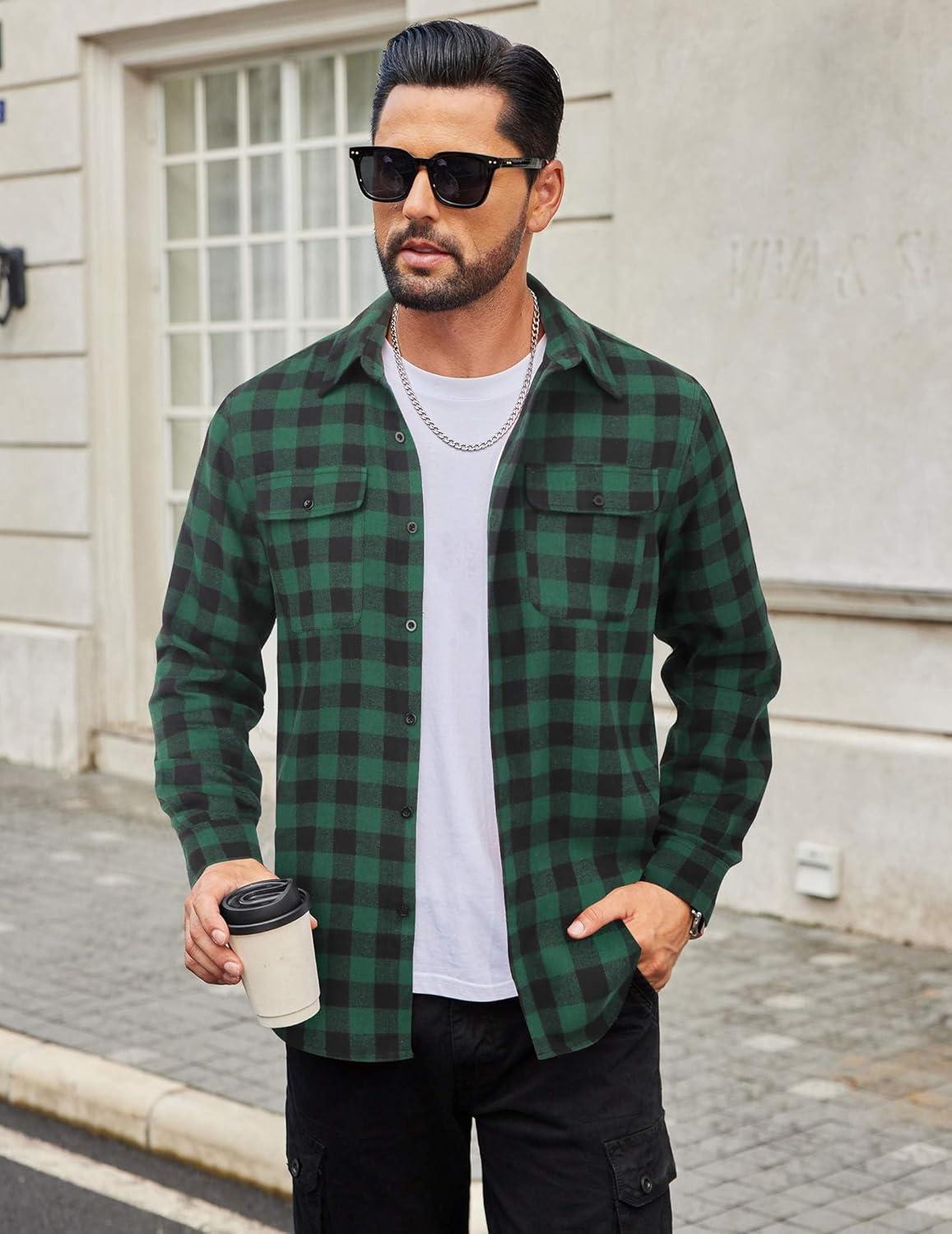 imageCOOFANDY Mens Flannel Shirts Long Sleeve Plaid Button Down Shirt Cotton Casual Work Shirts with PocketsGreen