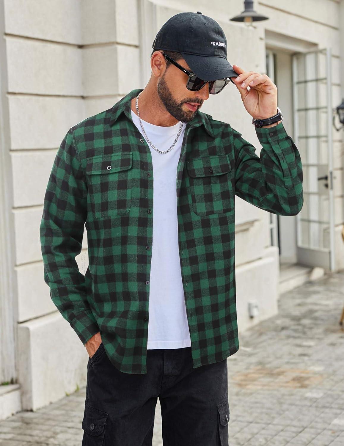 imageCOOFANDY Mens Flannel Shirts Long Sleeve Plaid Button Down Shirt Cotton Casual Work Shirts with PocketsGreen