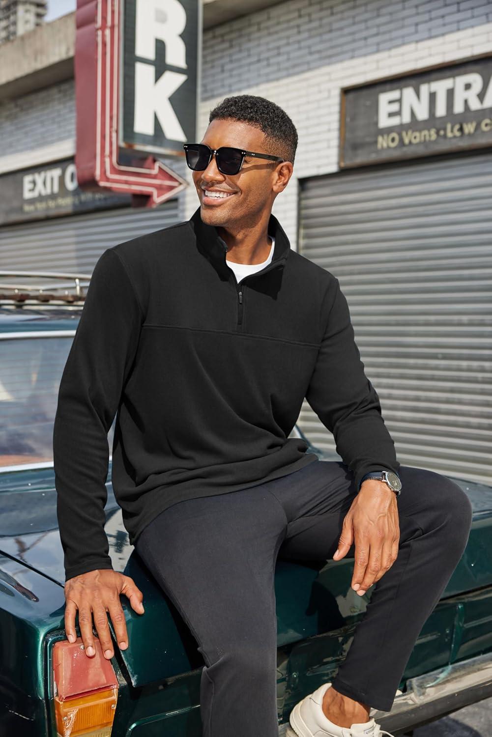 imageCOOFANDY Mens Fleece Quarter Zip Pullover Long Sleeve Mock Turtleneck Sweatshirts Thermal Workout Golf Polo ShirtBlack